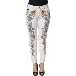 White Floral Print Skinny Denim Jeans