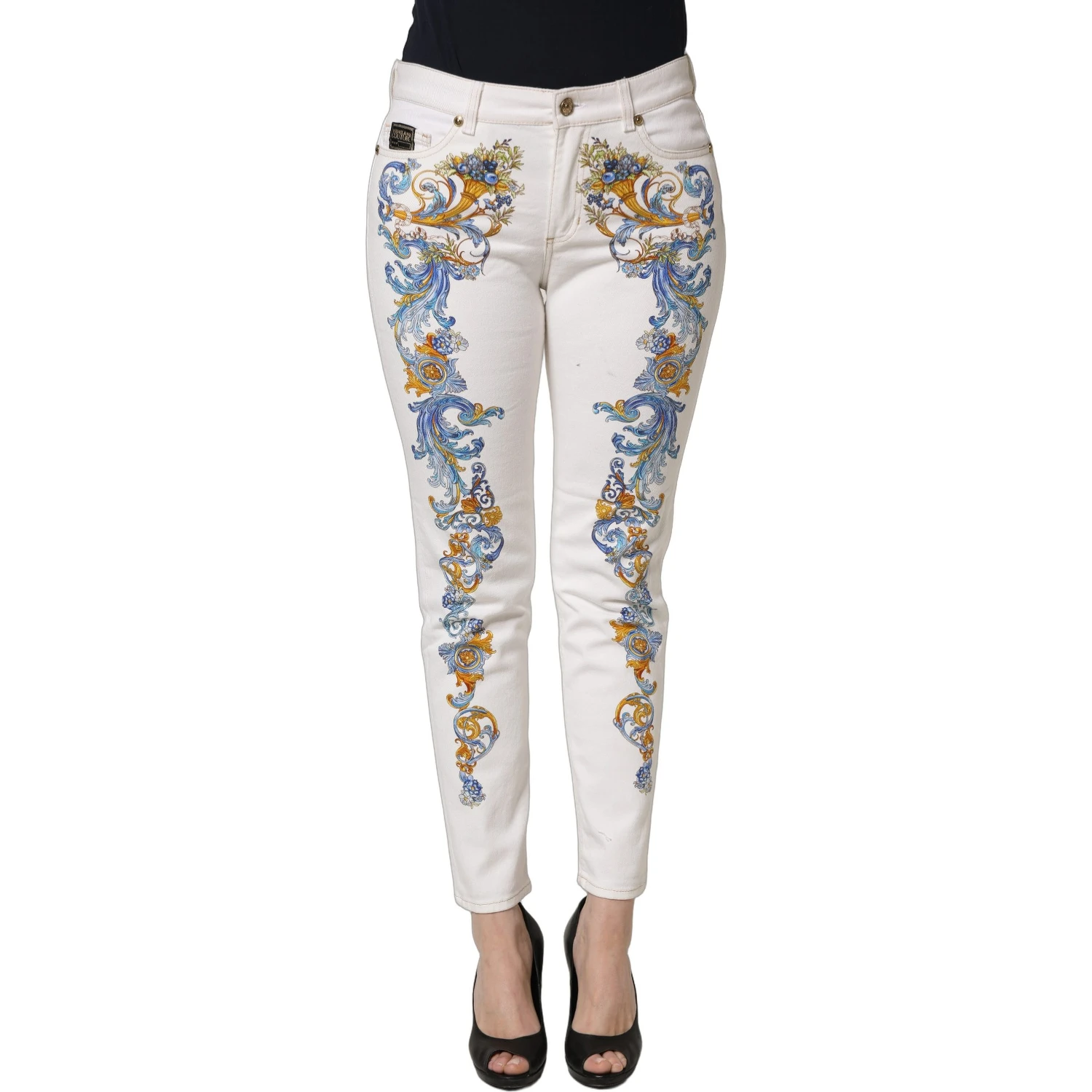 White Floral Print Skinny Denim Jeans