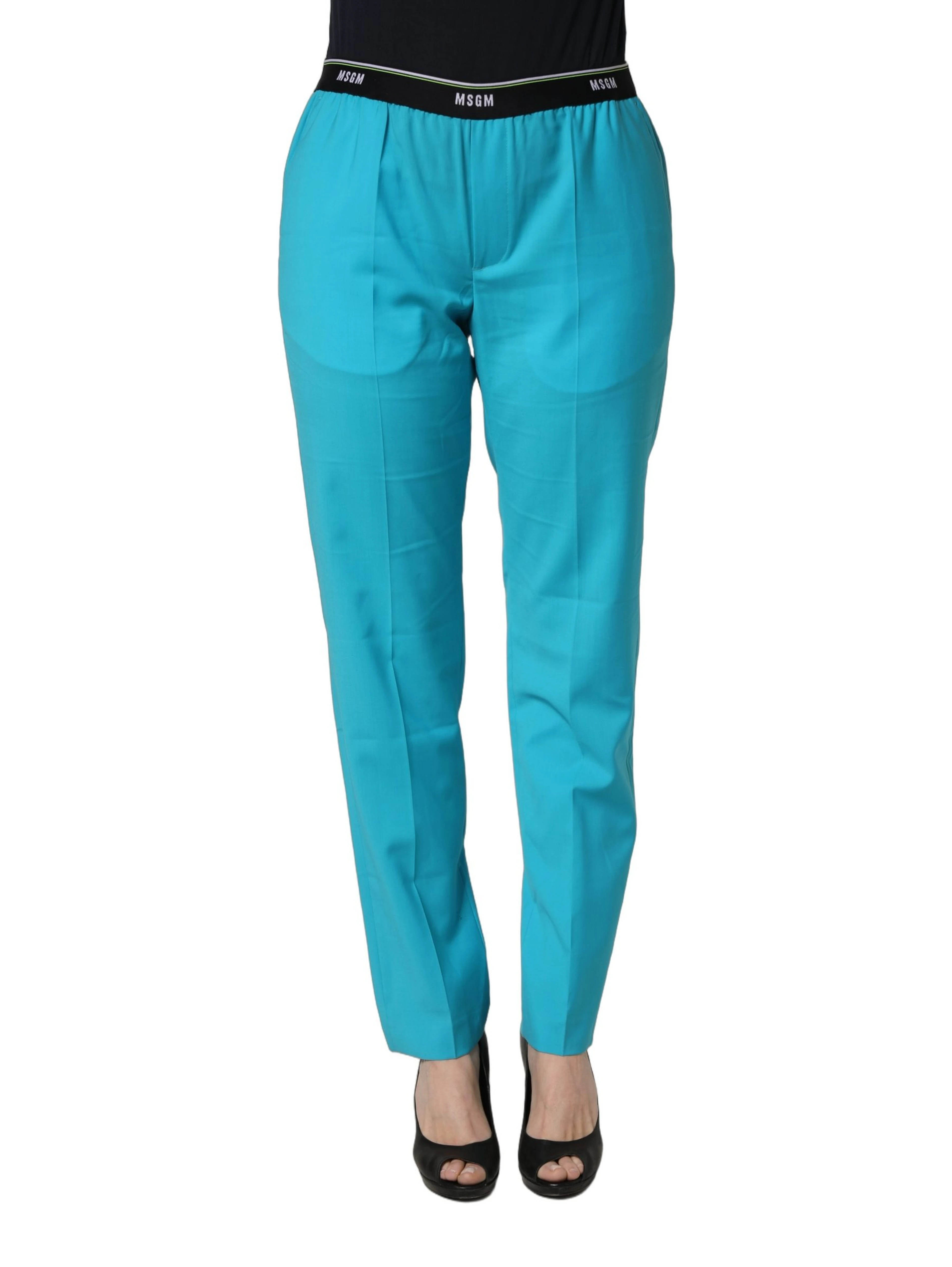 Blue Wool Mid Waist Tapered Women Trouser Pants