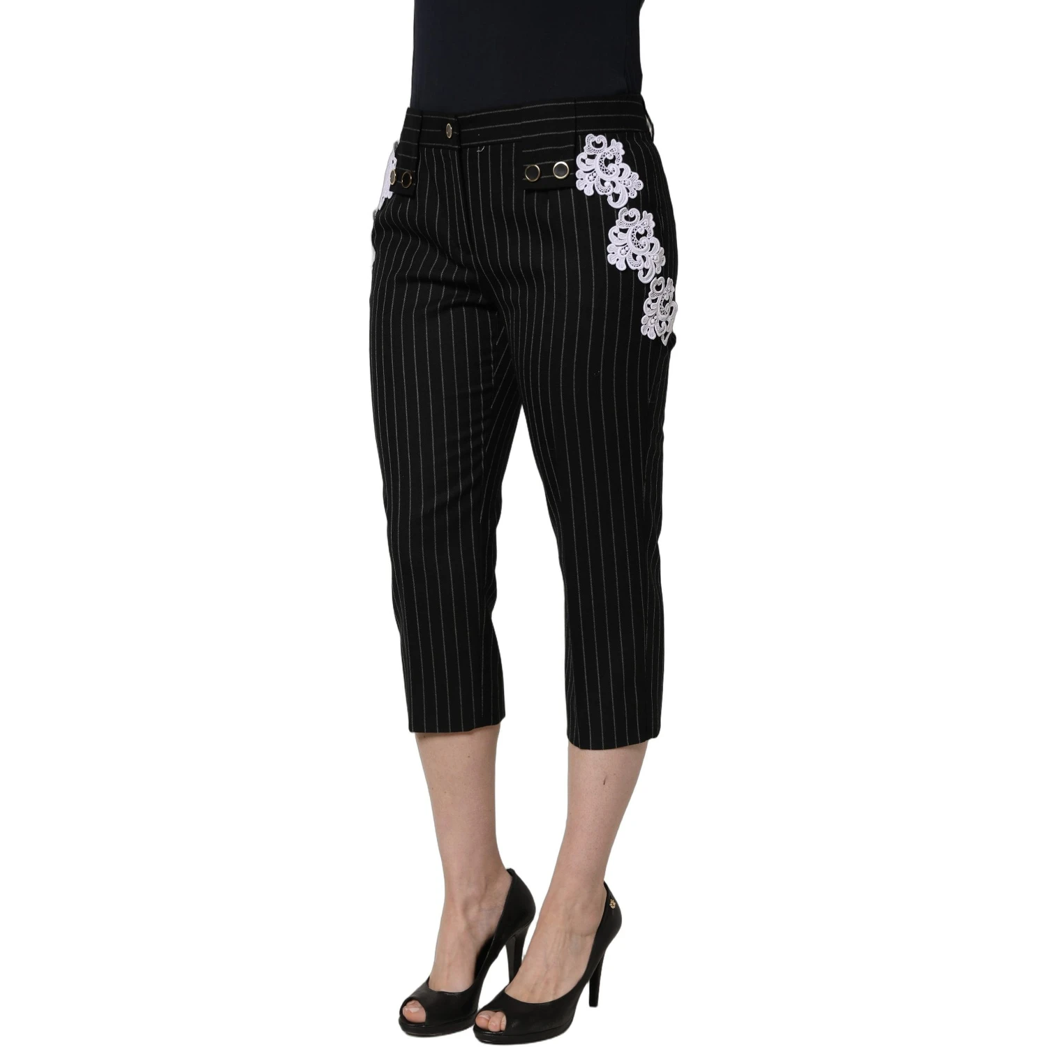 Black Lace Applique Pinstripe Cropped Pants