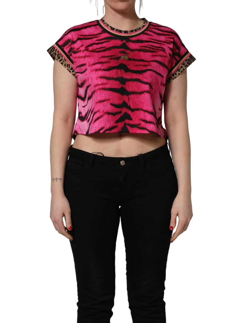 Pink Zebra Sleeveless Crew Neck Cropped T-shirt