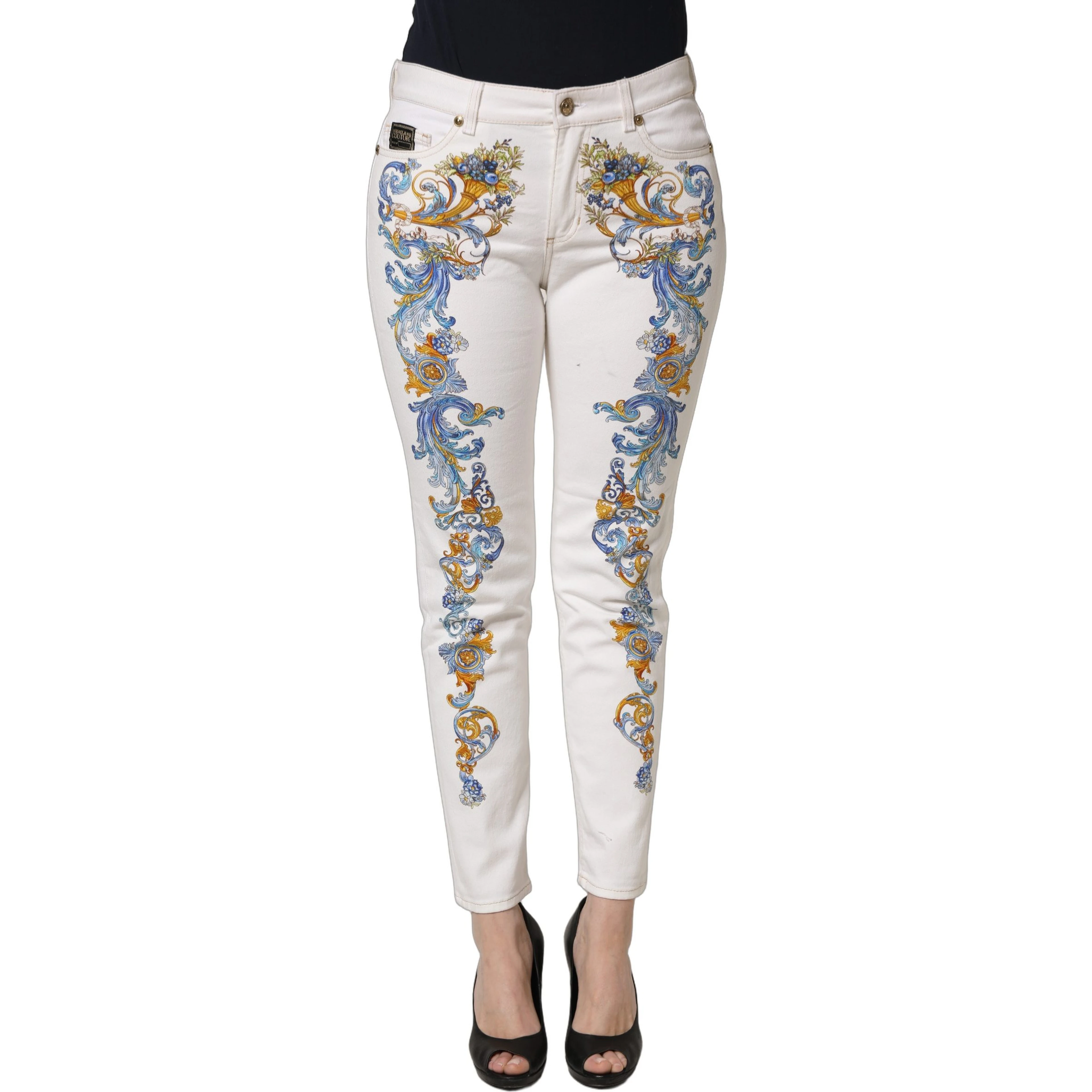 White Floral Print Skinny Denim Jeans