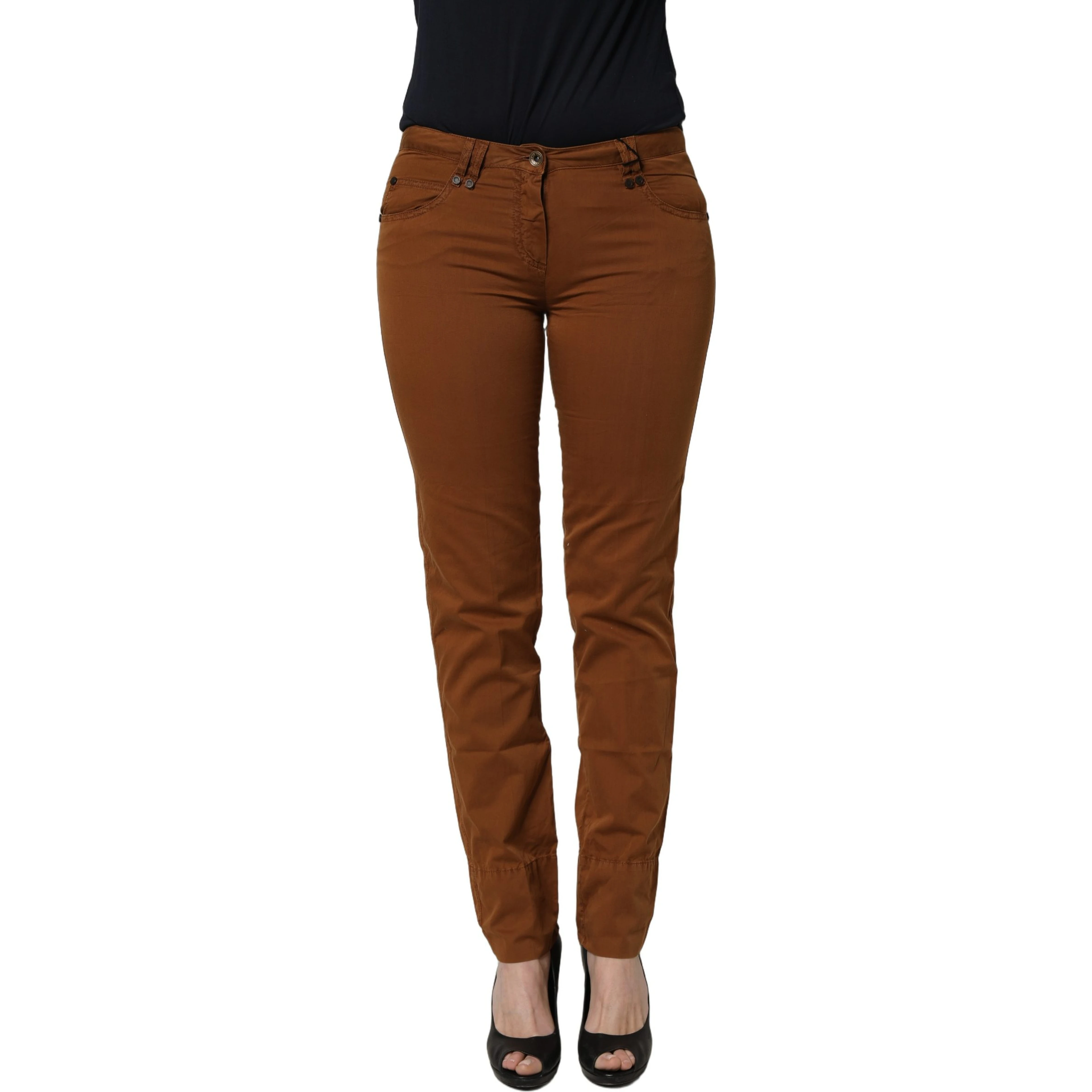 Brown Cotton Mid Waist Skinny Chino Pants