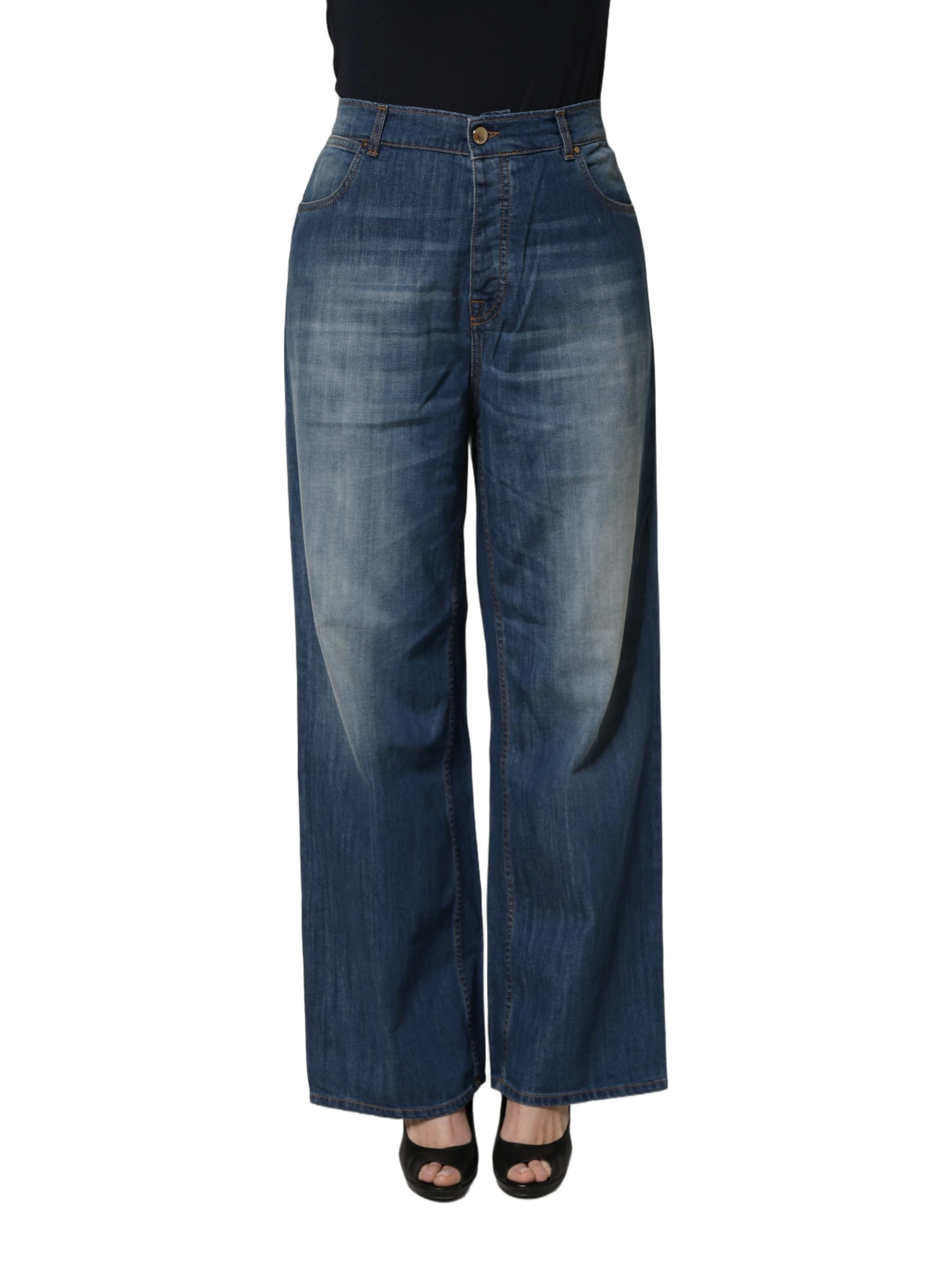 Blue Washed High Waist Wide Leg Denim Cotton Stretch Jeans