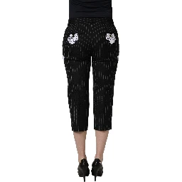 Black Lace Applique Pinstripe Cropped Pants