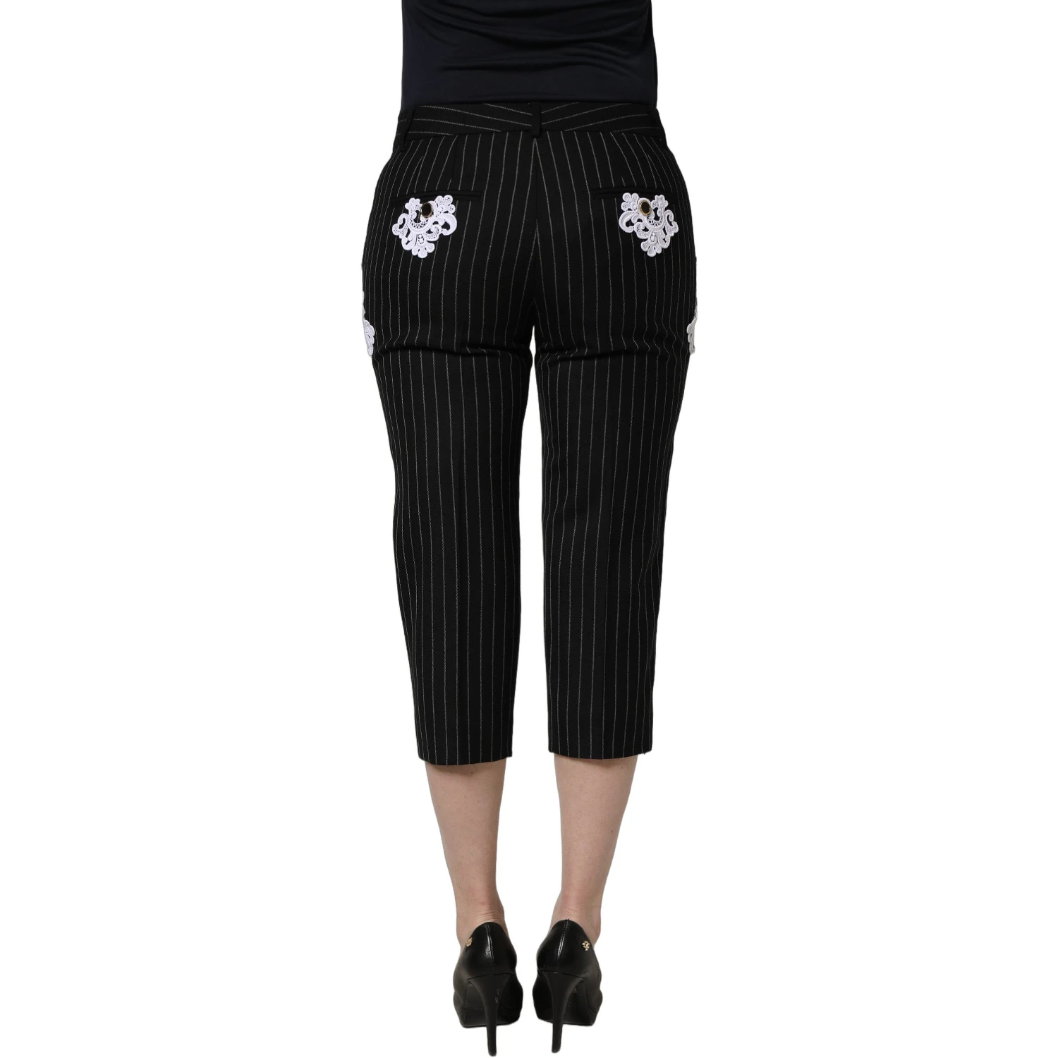 Black Lace Applique Pinstripe Cropped Pants
