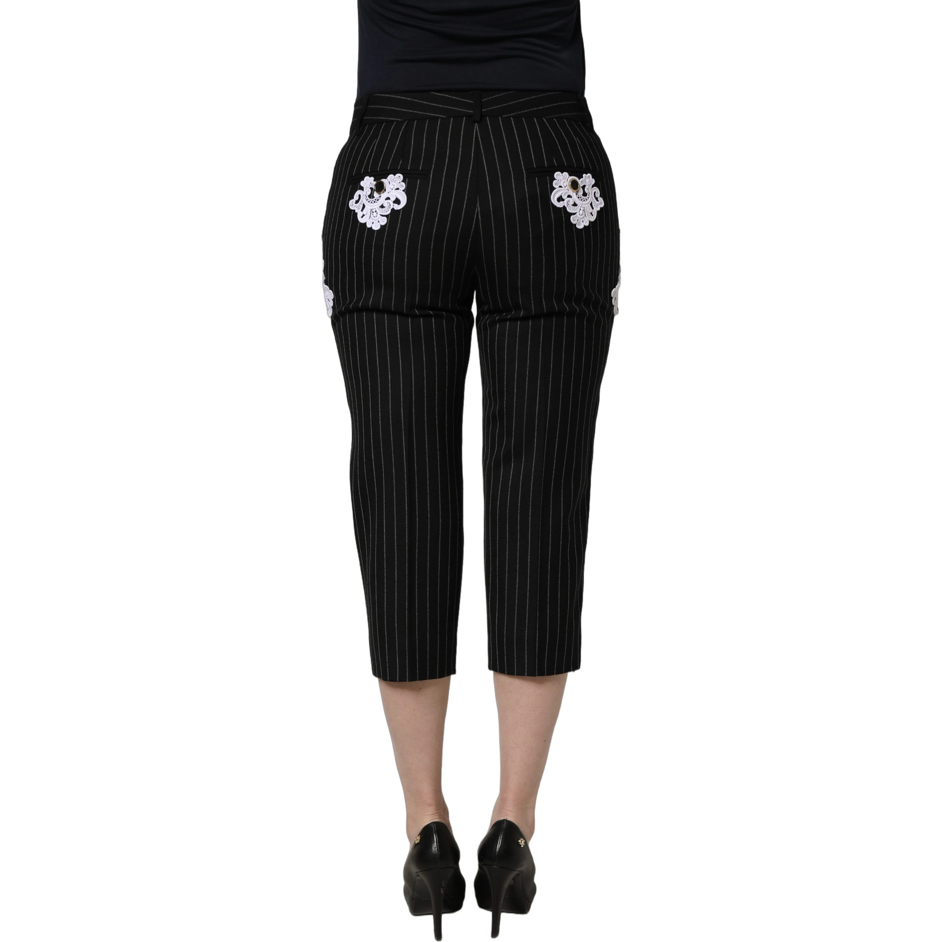 Black Lace Applique Pinstripe Cropped Pants