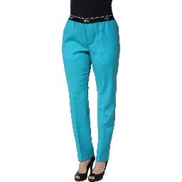 Blue Wool Mid Waist Tapered Women Trouser Pants