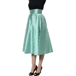 Green Satin High-Waisted Pleated A-line Midi Skirt