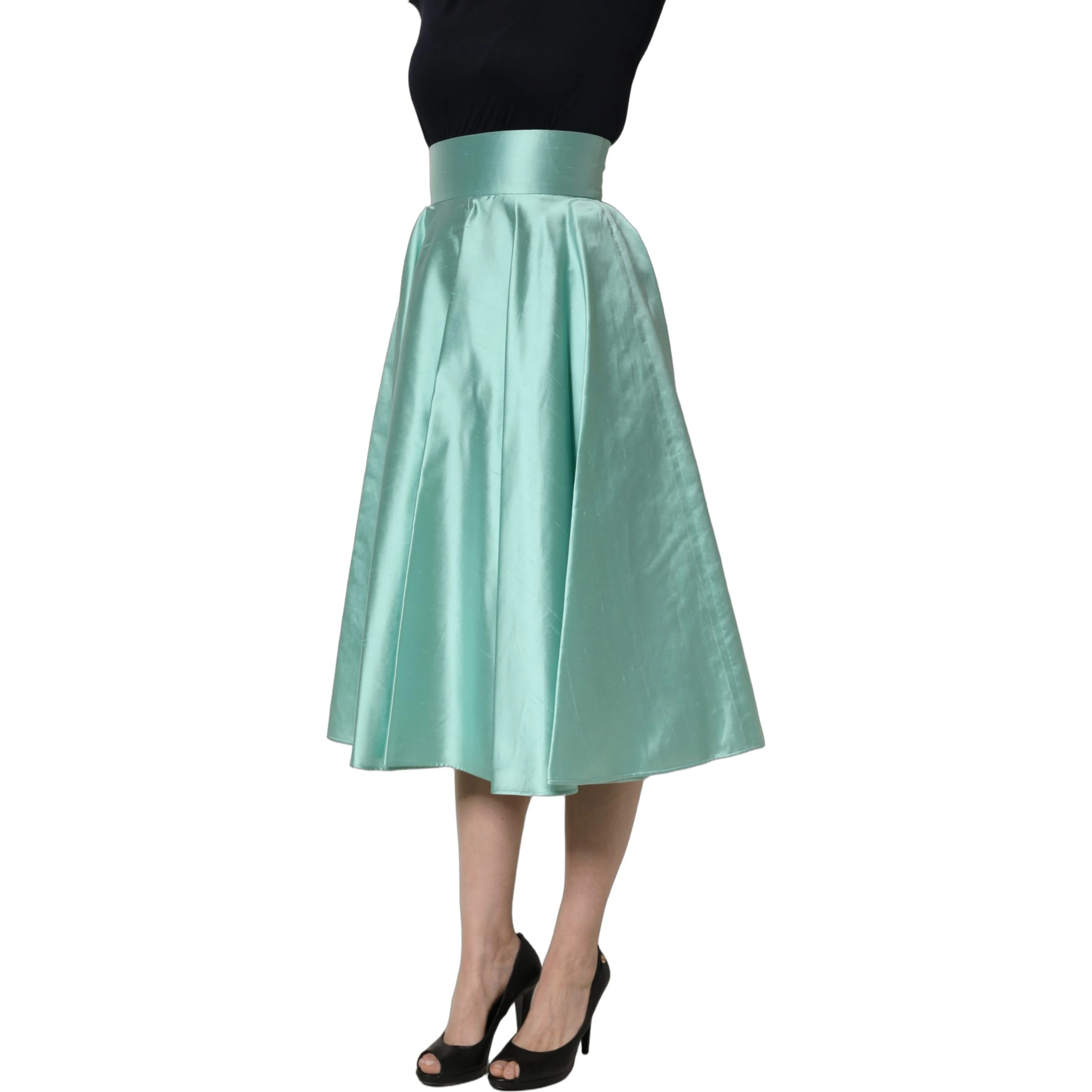 Green Satin High-Waisted Pleated A-line Midi Skirt