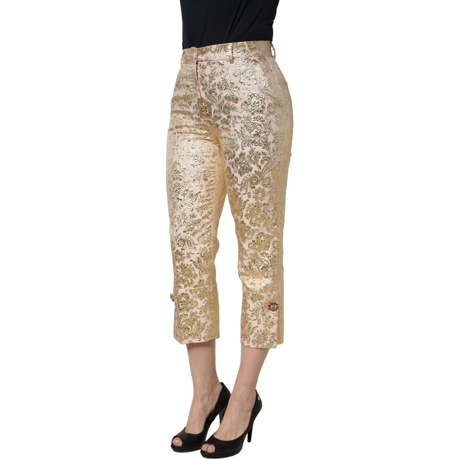 Gold Jacquard Floral Lamé Crop Trouser Pants