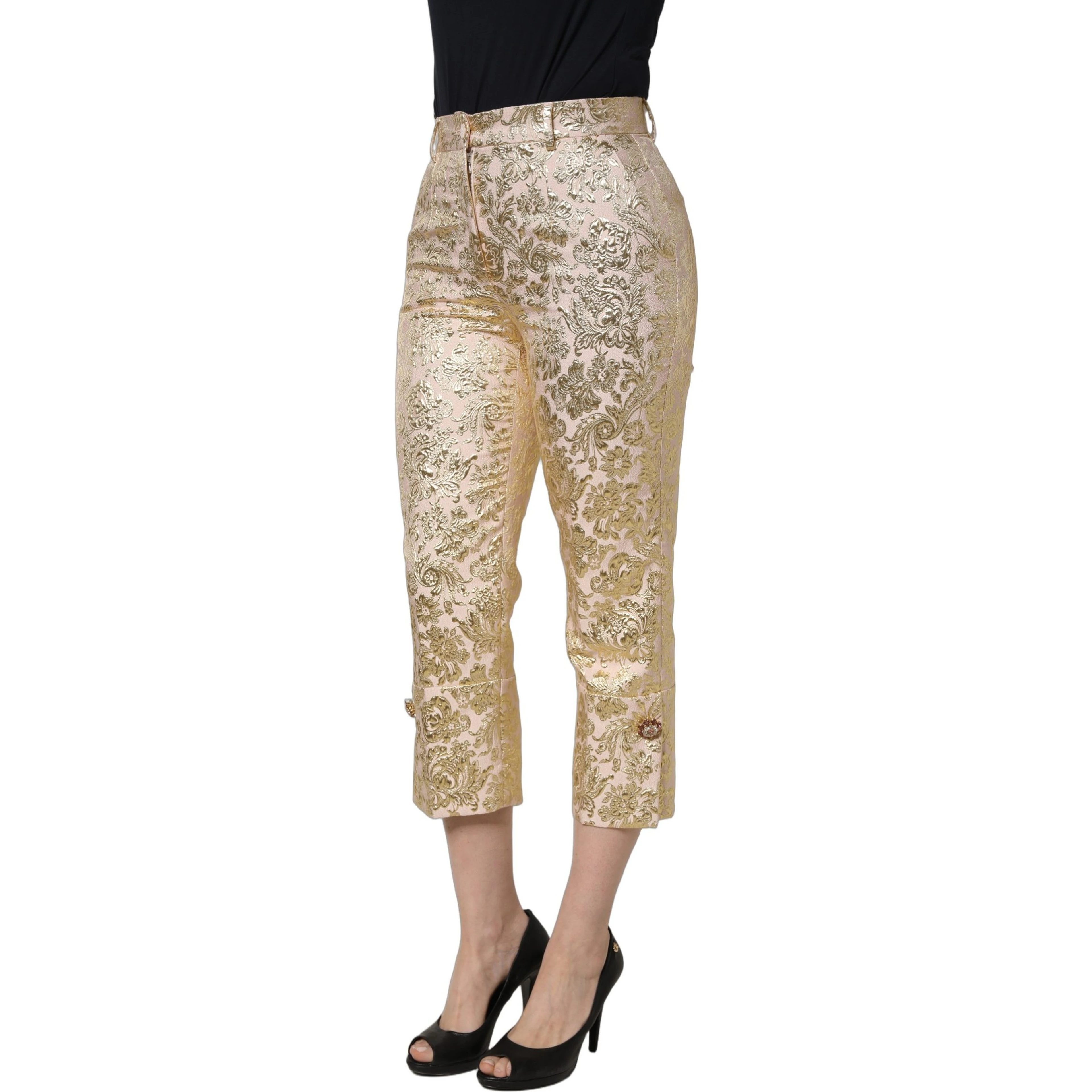 Gold Jacquard Floral Lamé Crop Trouser Pants