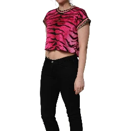 Pink Zebra Sleeveless Crew Neck Cropped T-shirt