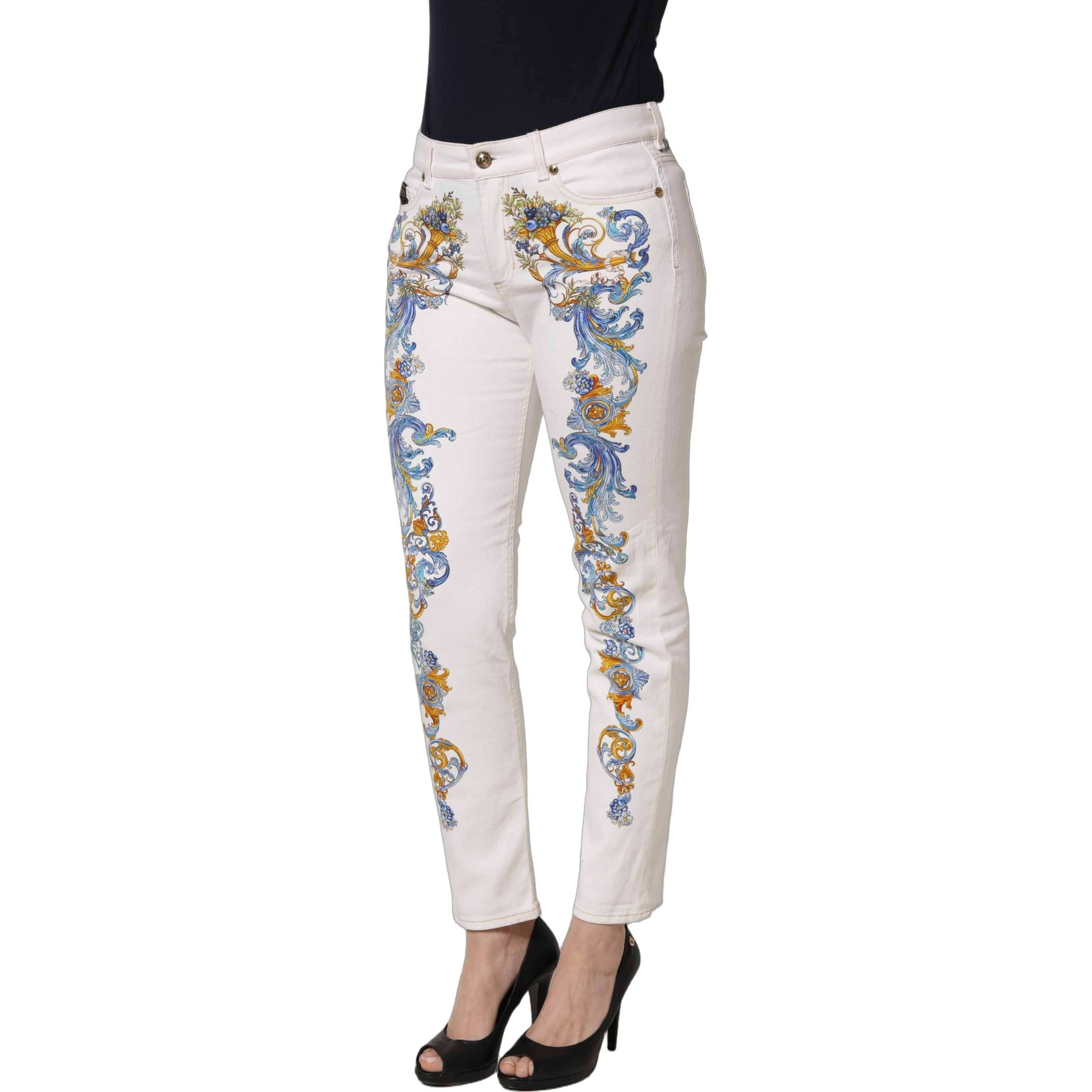 White Floral Print Skinny Denim Jeans