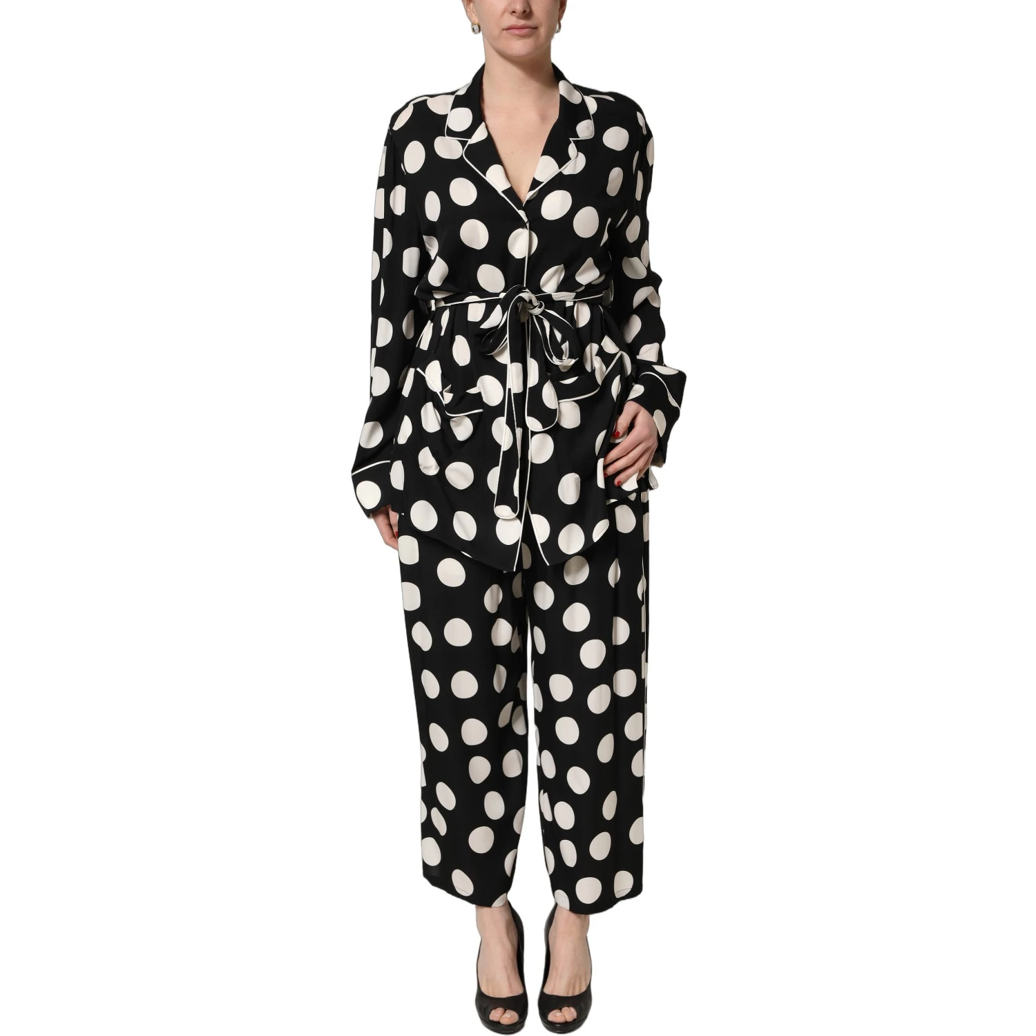 Black White Polka Dot Pajama 2 Piece Set Sleepwear