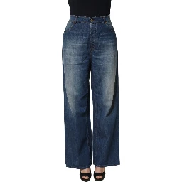 Blue Washed High Waist Wide Leg Denim Cotton Stretch Jeans