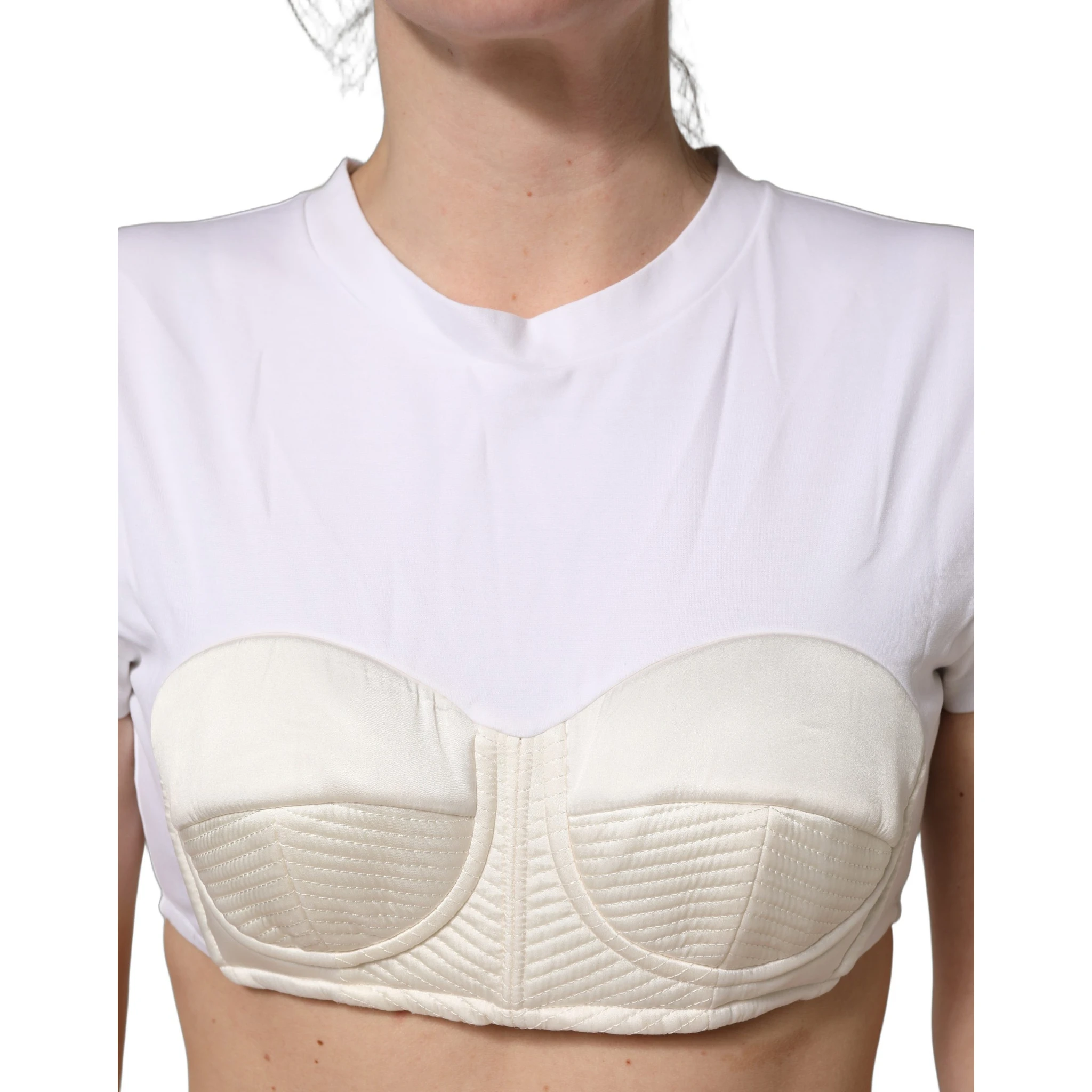 White Bustier Short Sleeve CrewNeck Cropped Top