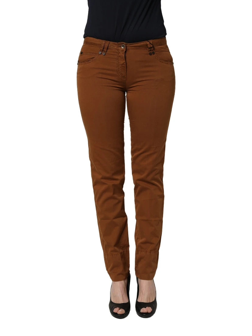 Brown Cotton Mid Waist Skinny Chino Pants