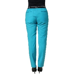 Blue Wool Mid Waist Tapered Women Trouser Pants