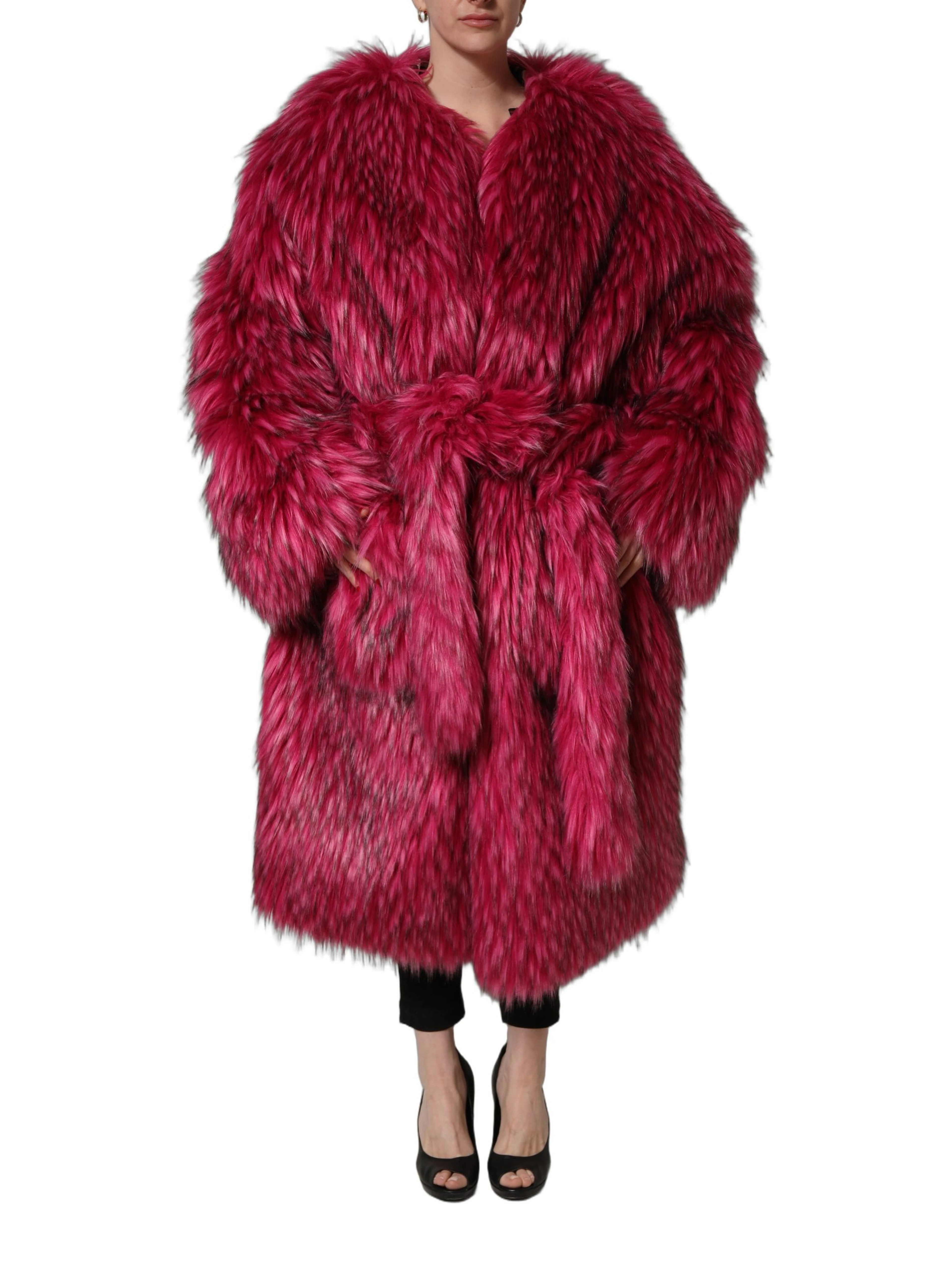 Fuchsia Belted Faux-Fur Trench Coat Jacket