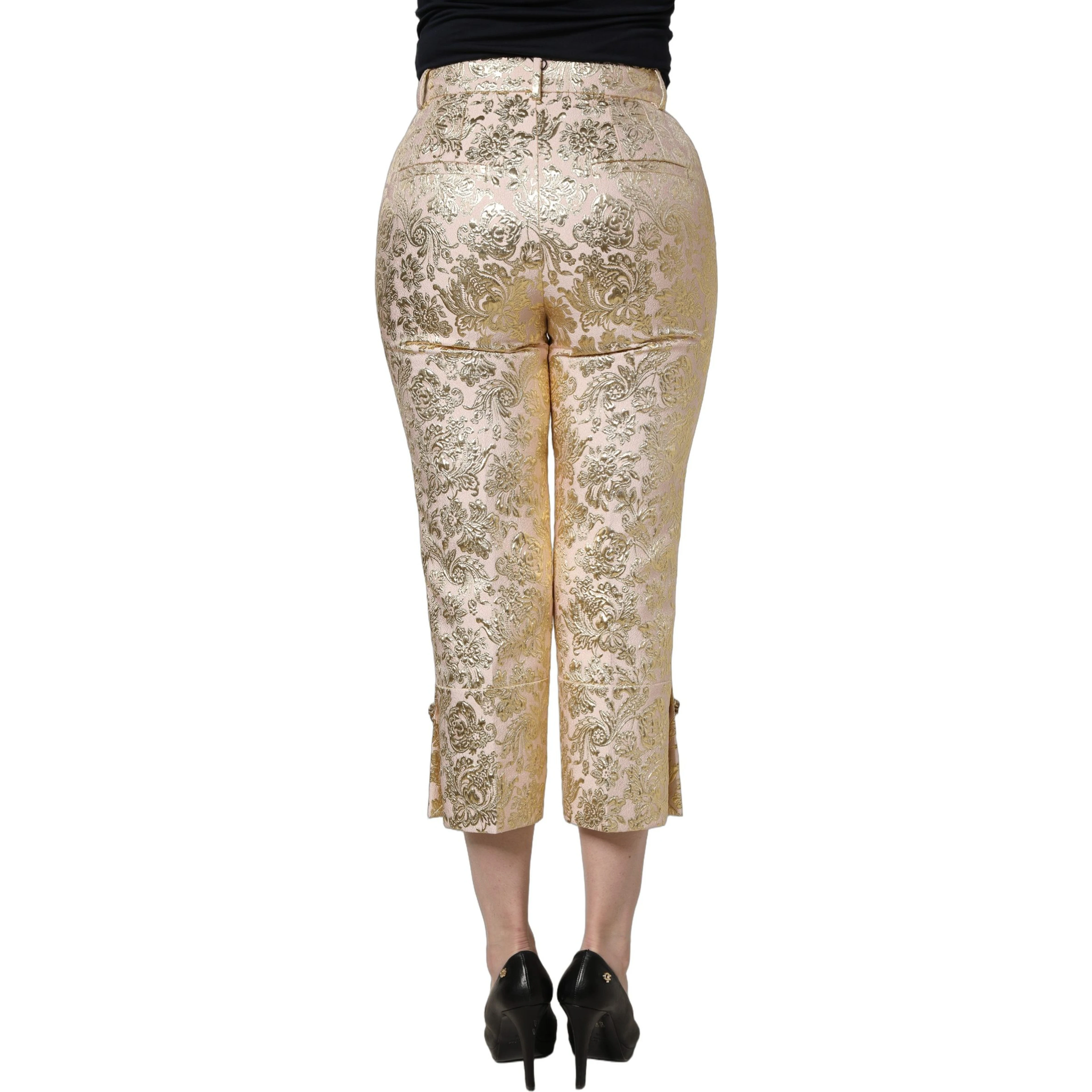 Gold Jacquard Floral Lamé Crop Trouser Pants