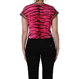 Pink Zebra Sleeveless Crew Neck Cropped T-shirt