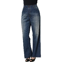 Blue Washed High Waist Wide Leg Denim Cotton Stretch Jeans