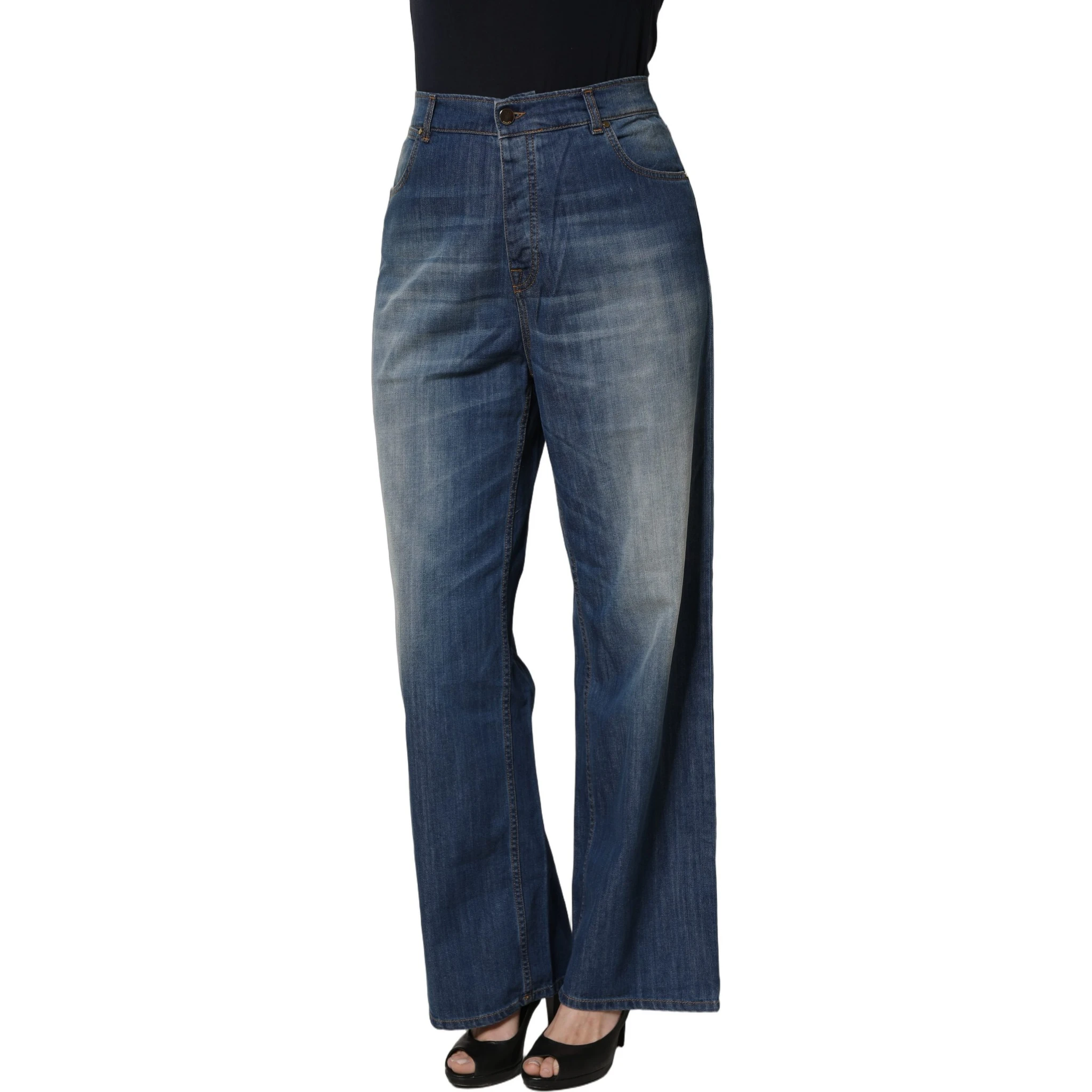 Blue Washed High Waist Wide Leg Denim Cotton Stretch Jeans