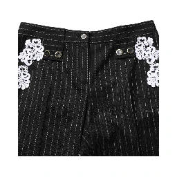 Black Lace Applique Pinstripe Cropped Pants