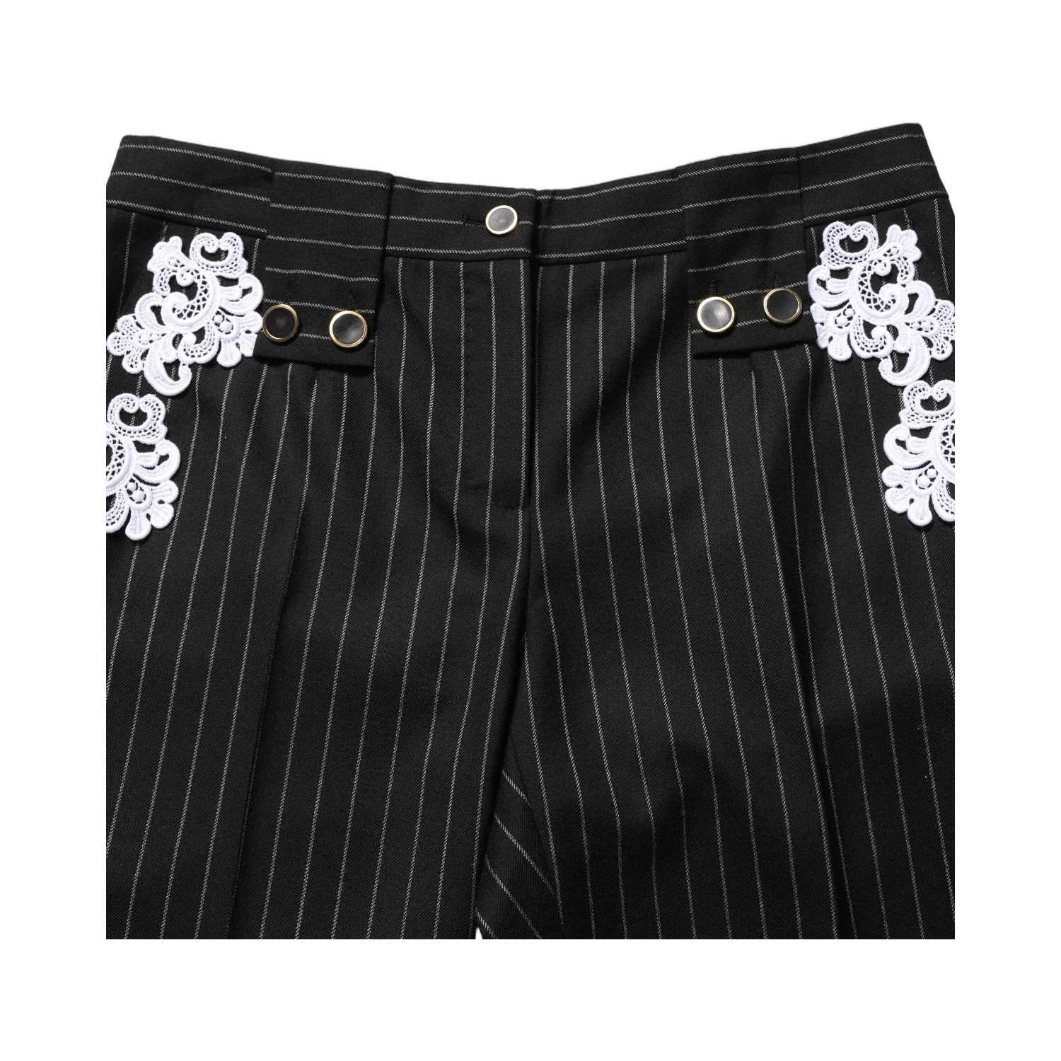 Black Lace Applique Pinstripe Cropped Pants