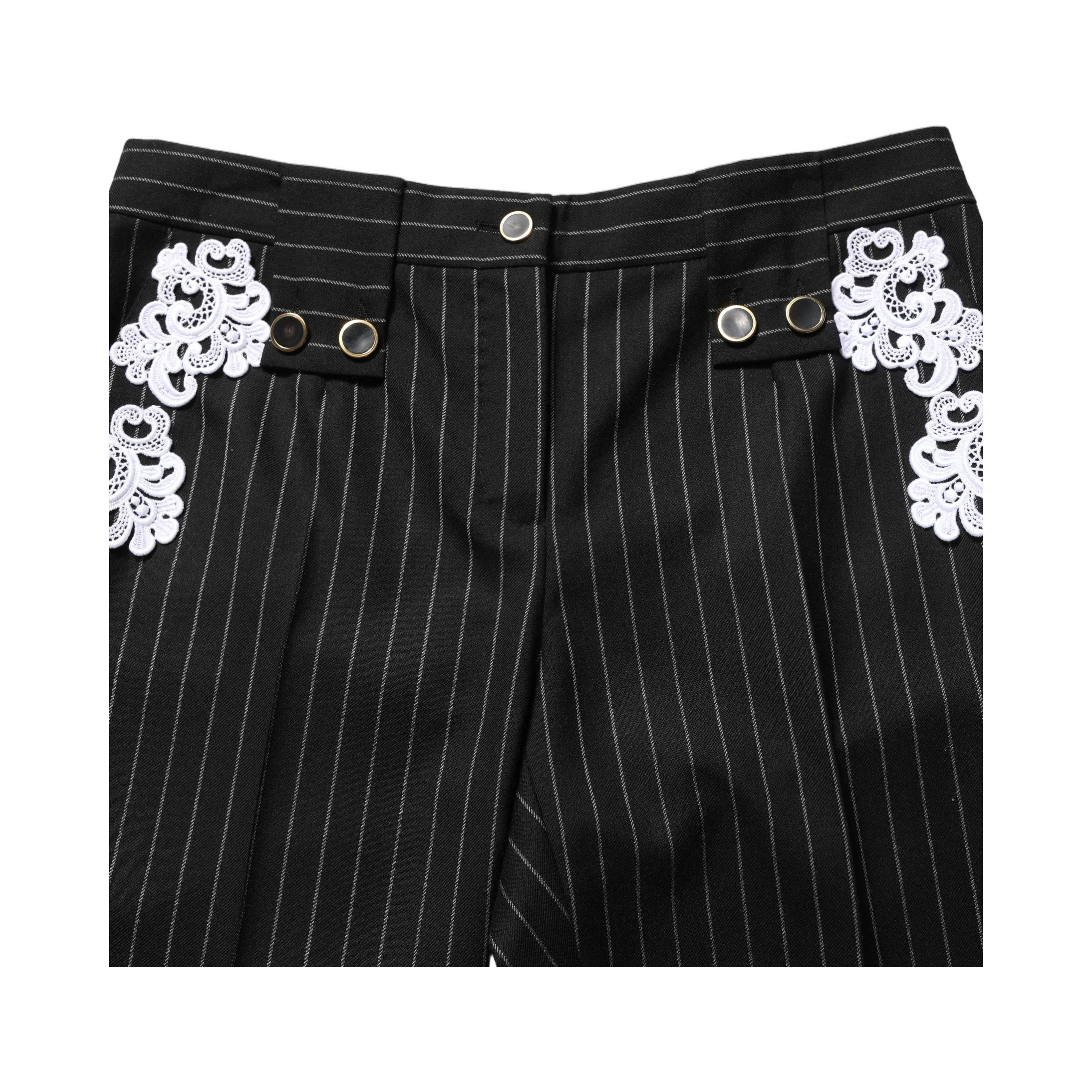 Black Lace Applique Pinstripe Cropped Pants