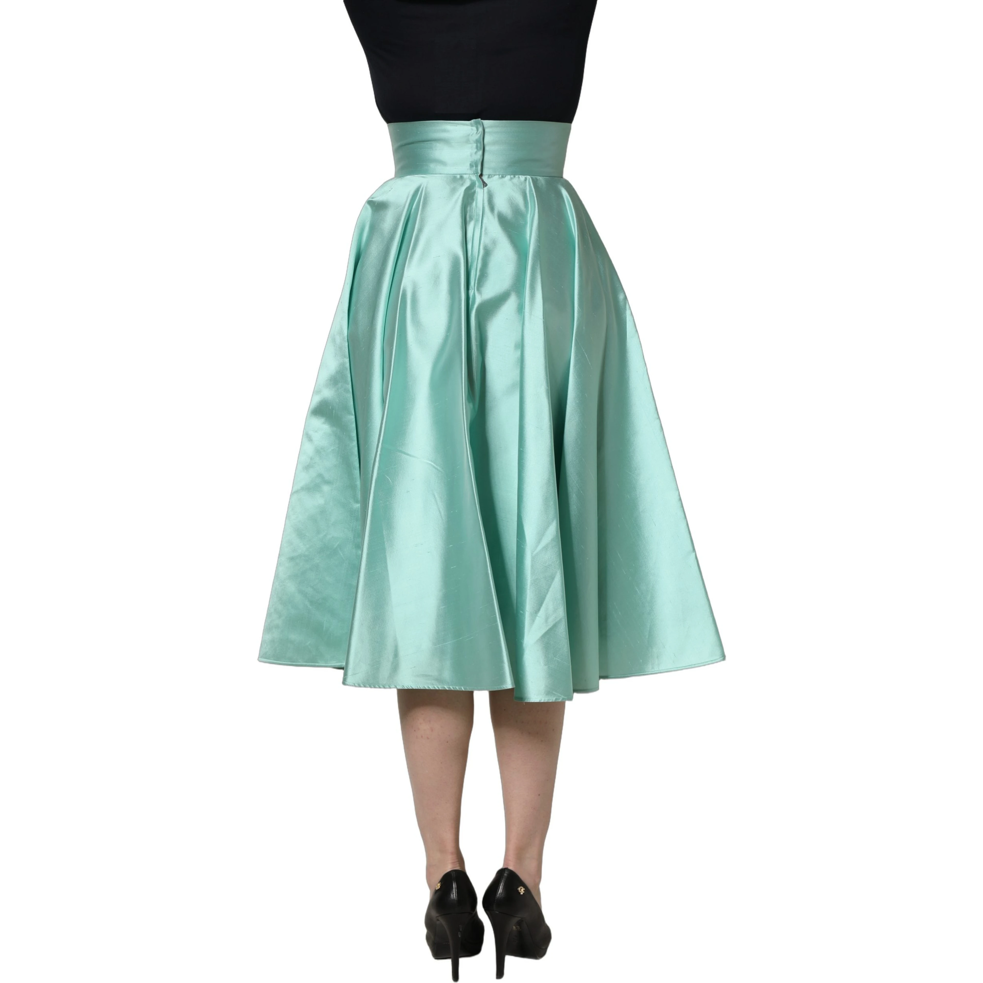 Green Satin High-Waisted Pleated A-line Midi Skirt