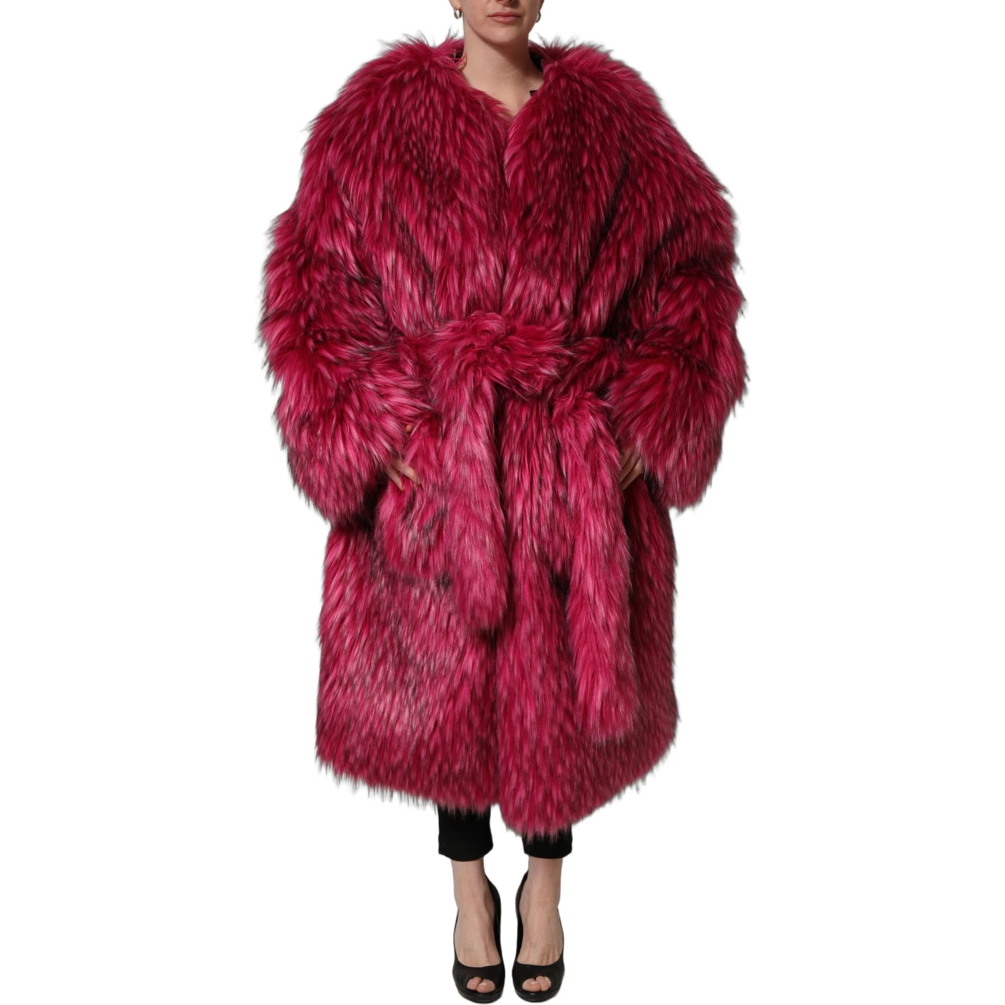 Fuchsia Belted Faux-Fur Trench Coat Jacket