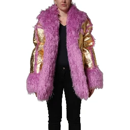 Pink Plush Faux Fur Gold Leather Coat Jacket