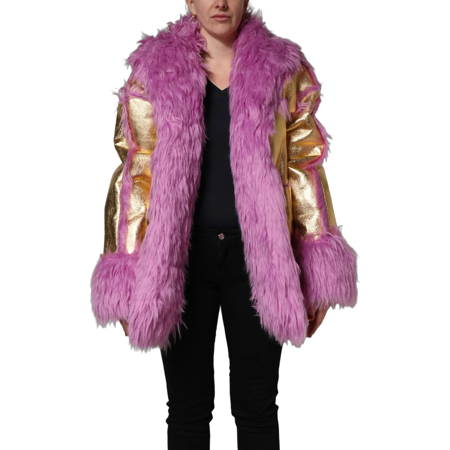 Pink Plush Faux Fur Gold Leather Coat Jacket