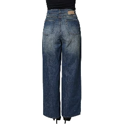 Blue Washed High Waist Wide Leg Denim Cotton Stretch Jeans