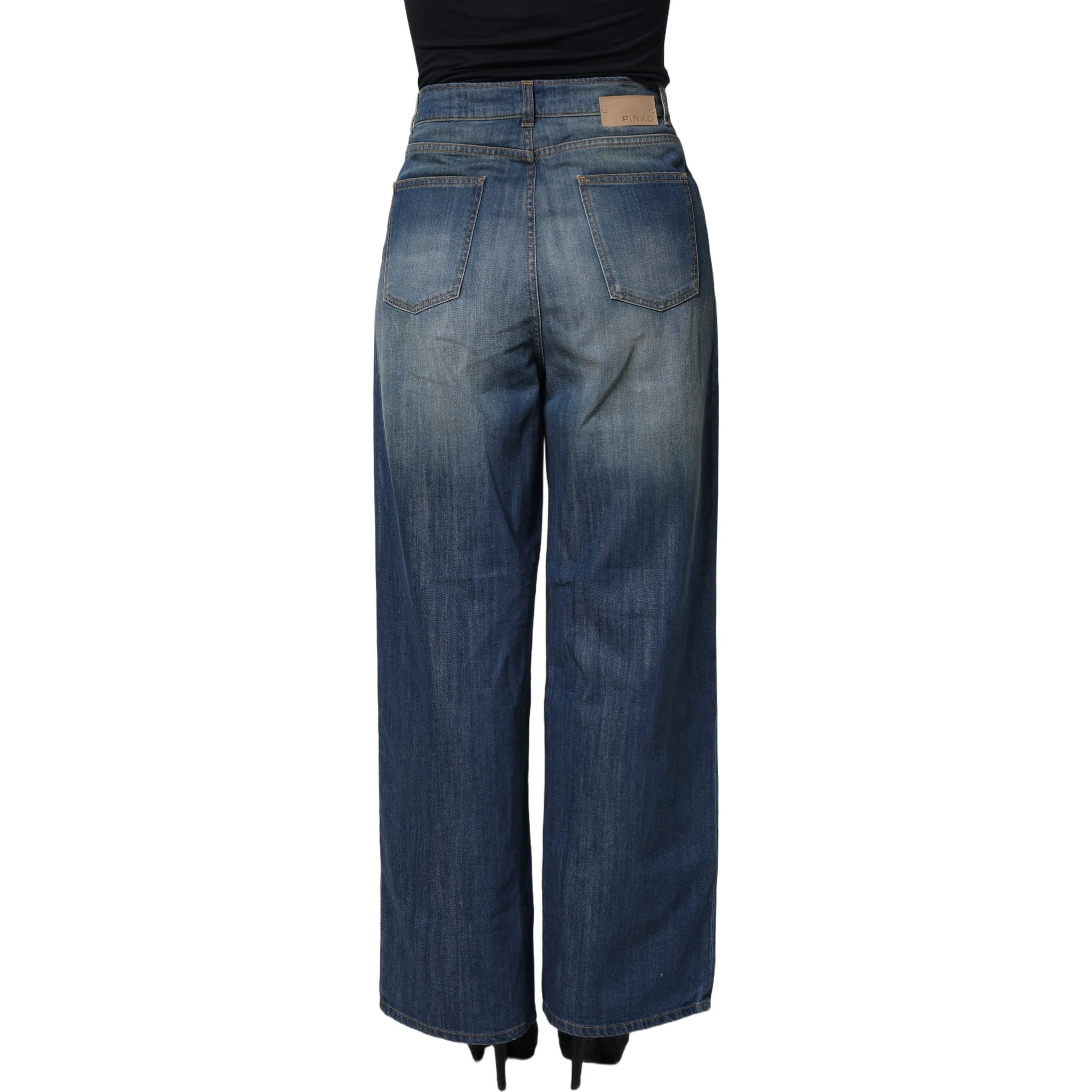 Blue Washed High Waist Wide Leg Denim Cotton Stretch Jeans
