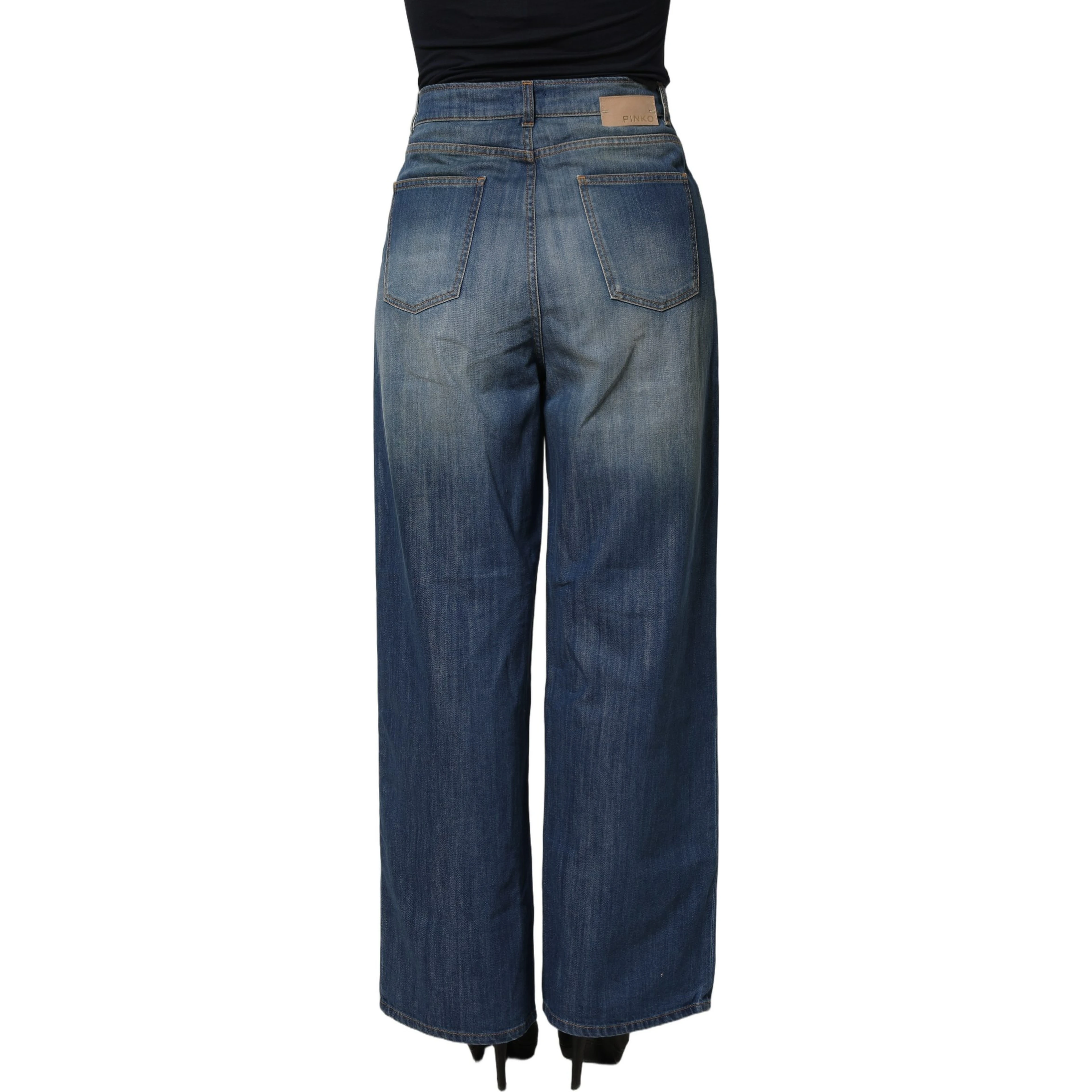 Blue Washed High Waist Wide Leg Denim Cotton Stretch Jeans
