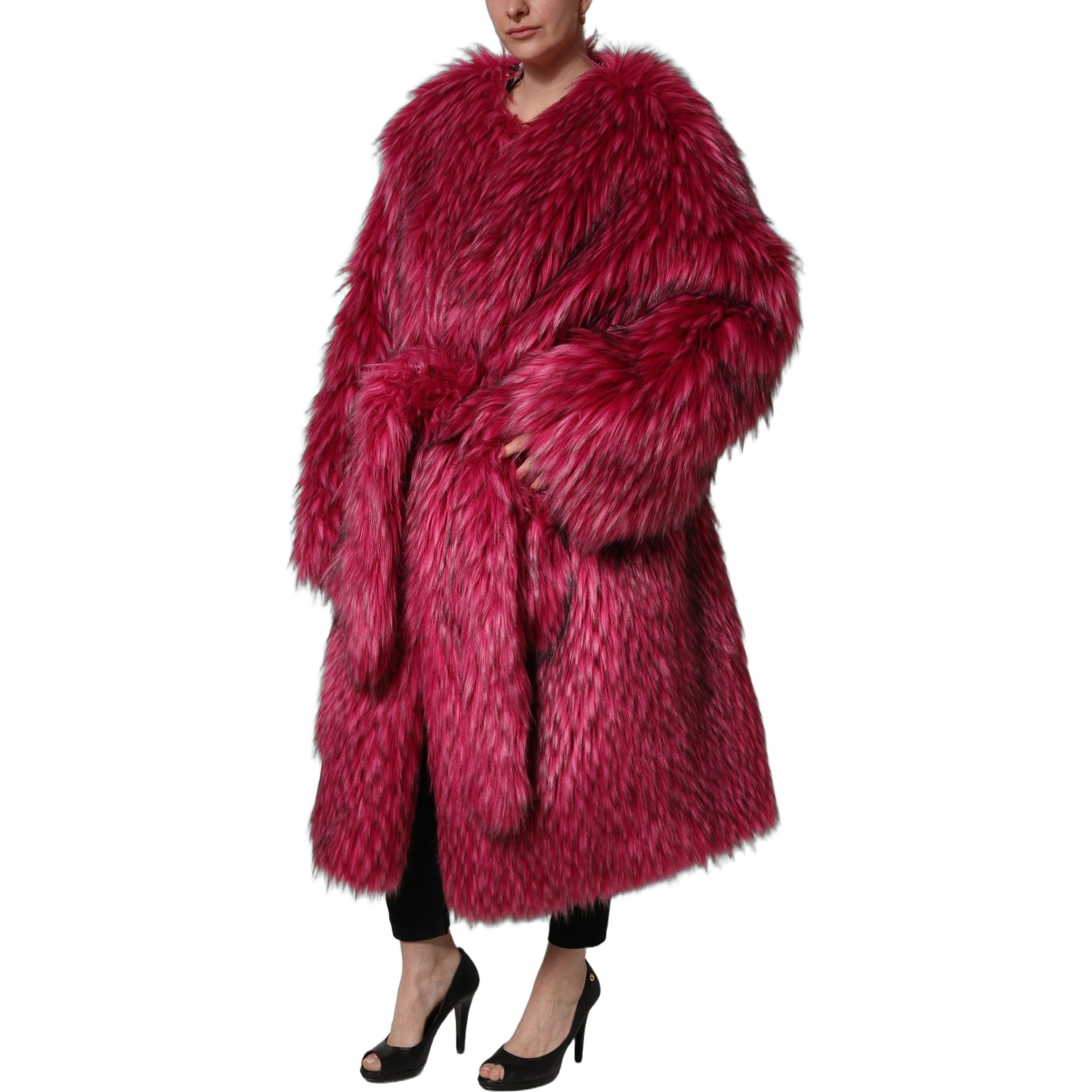 Fuchsia Belted Faux-Fur Trench Coat Jacket