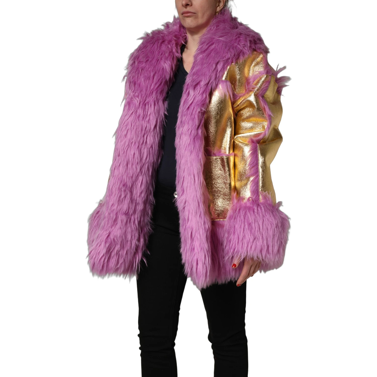 Pink Plush Faux Fur Gold Leather Coat Jacket