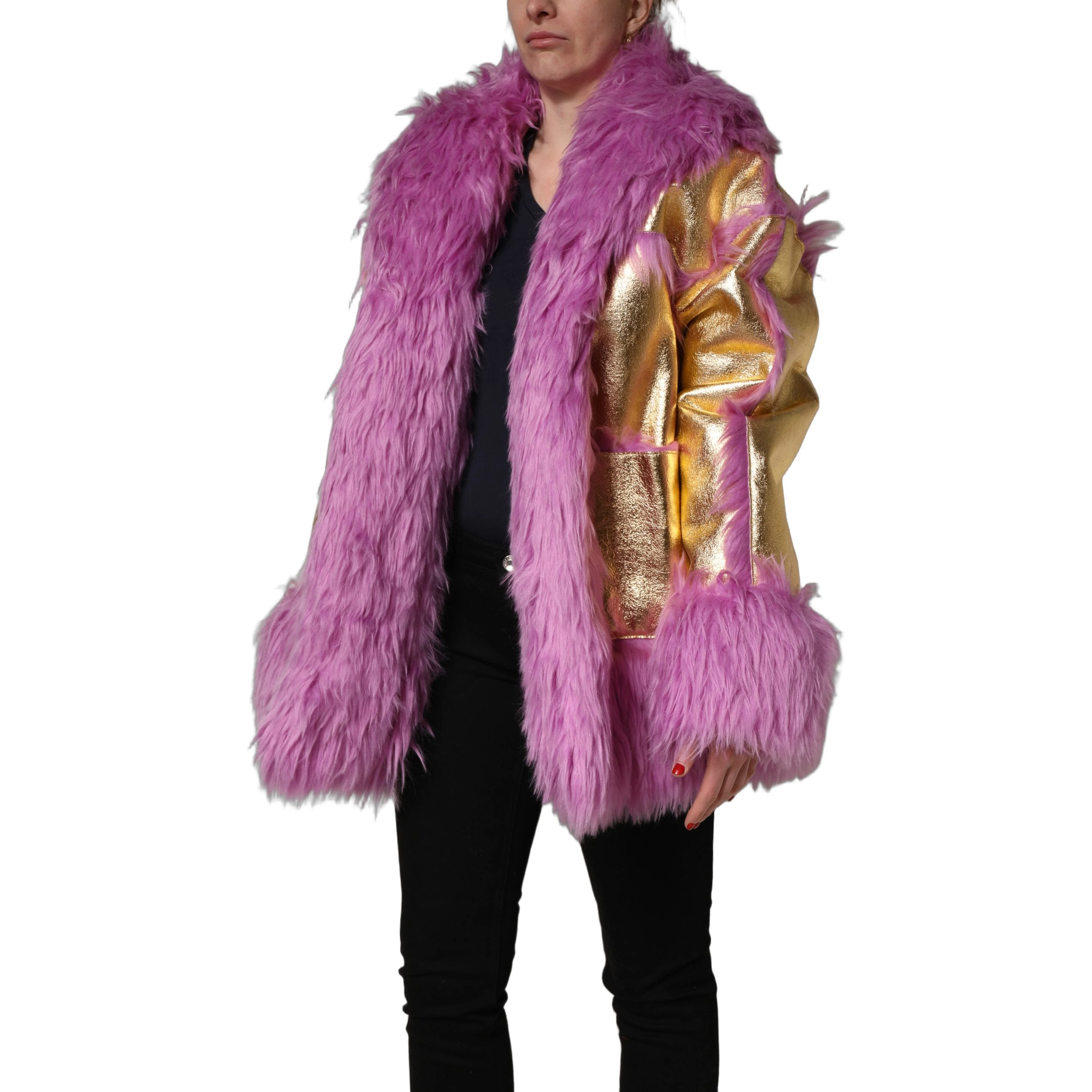 Pink Plush Faux Fur Gold Leather Coat Jacket