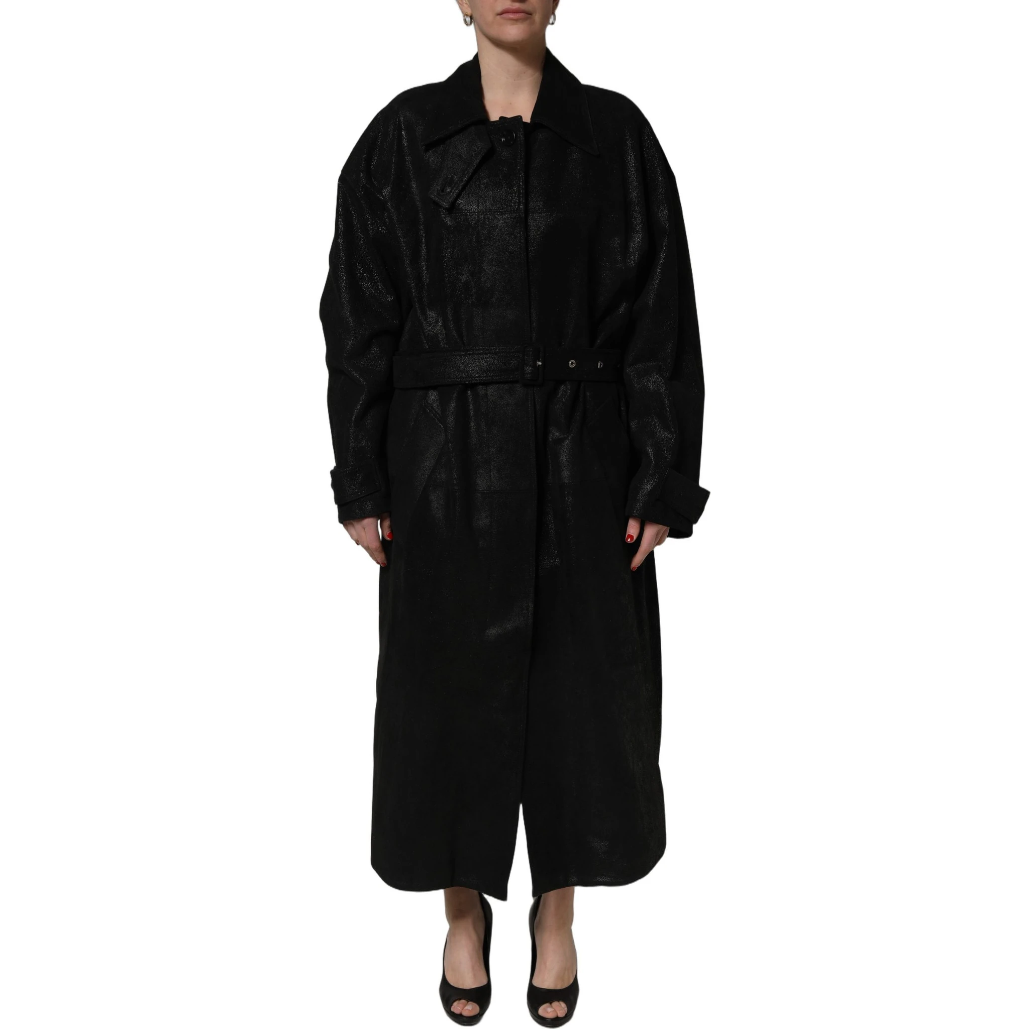 Black Belted Sheepskin Trench Coat Jacket