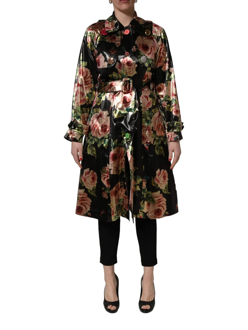 Black Floral Belted Polyester Trench Coat Jacket