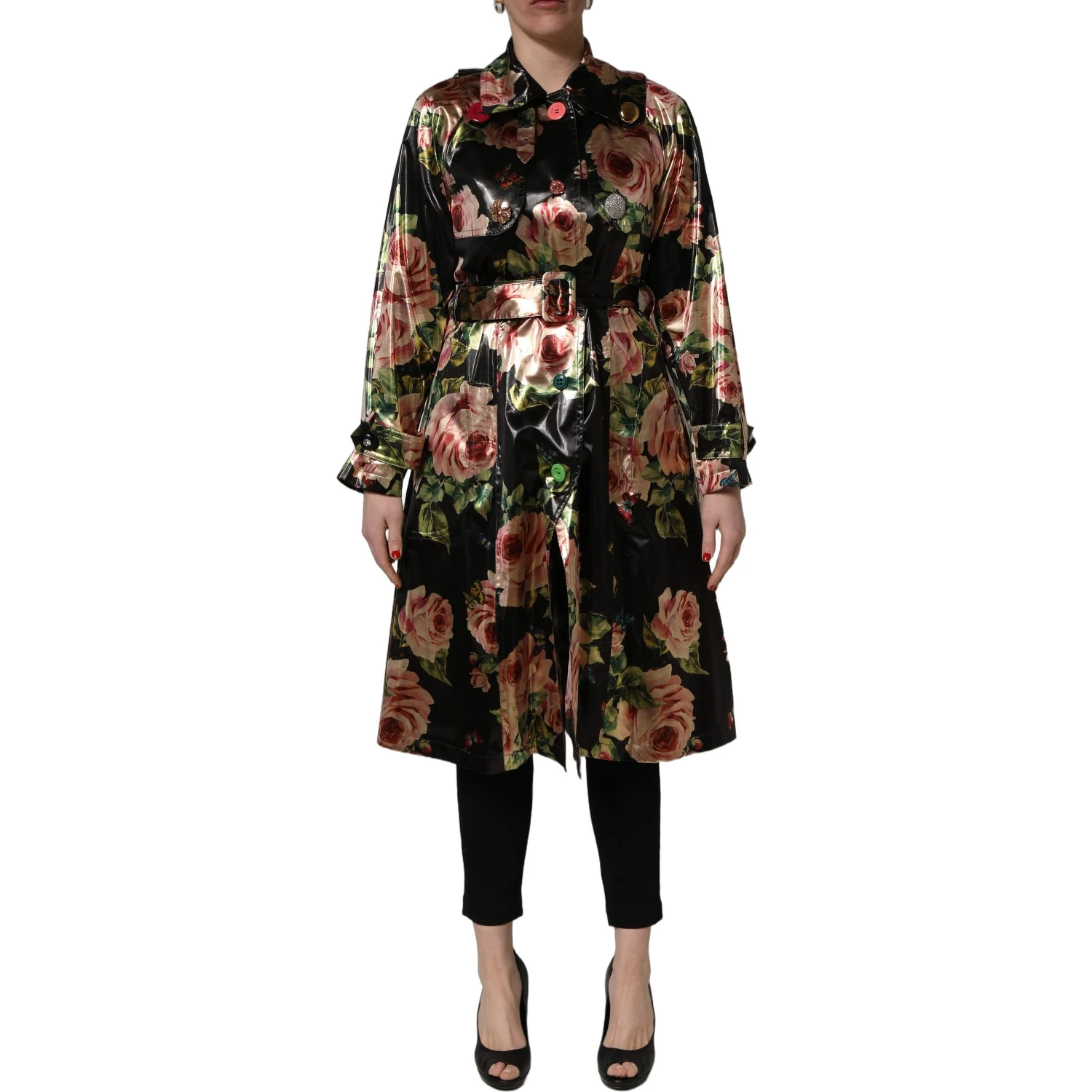 Black Floral Belted Polyester Trench Coat Jacket