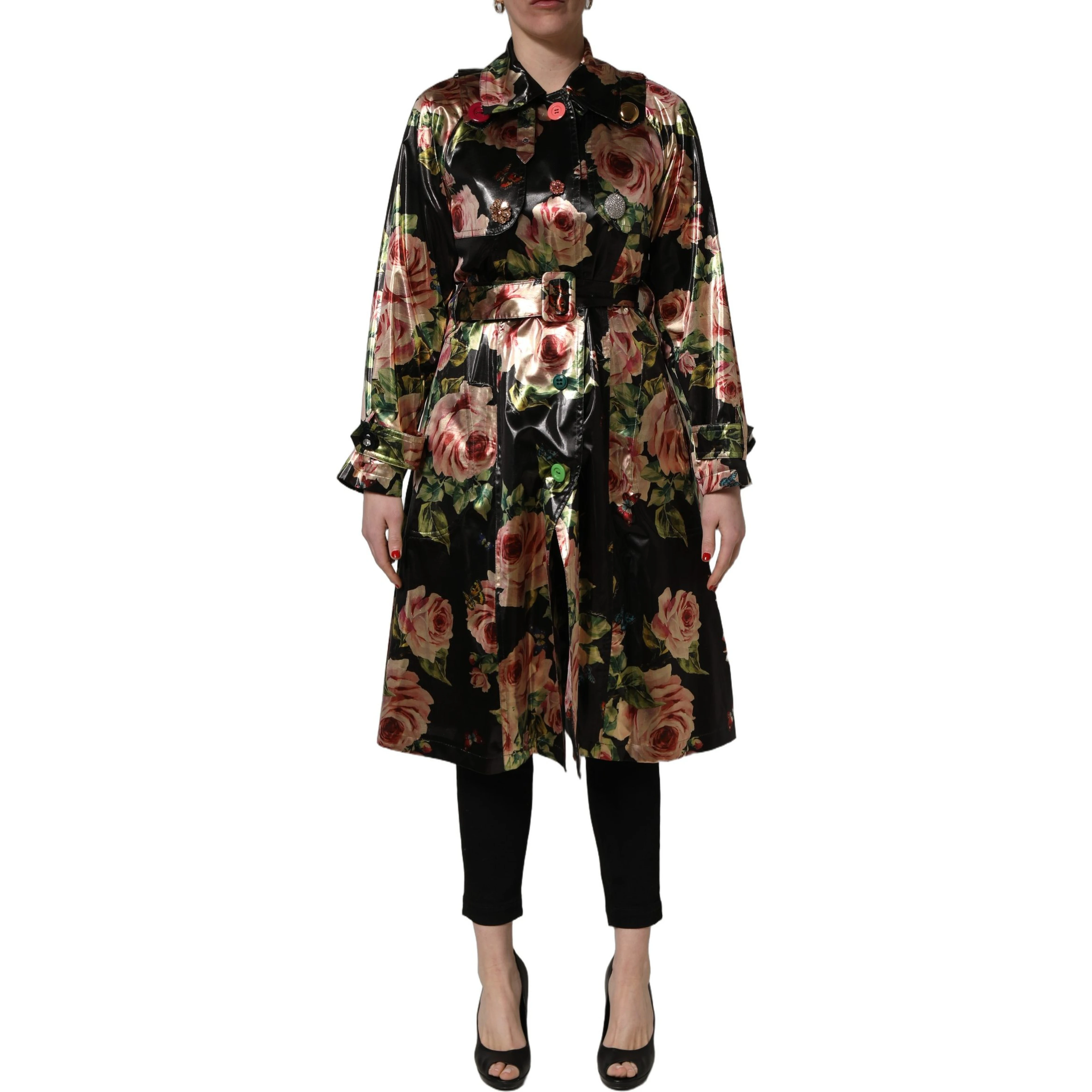 Black Floral Belted Polyester Trench Coat Jacket