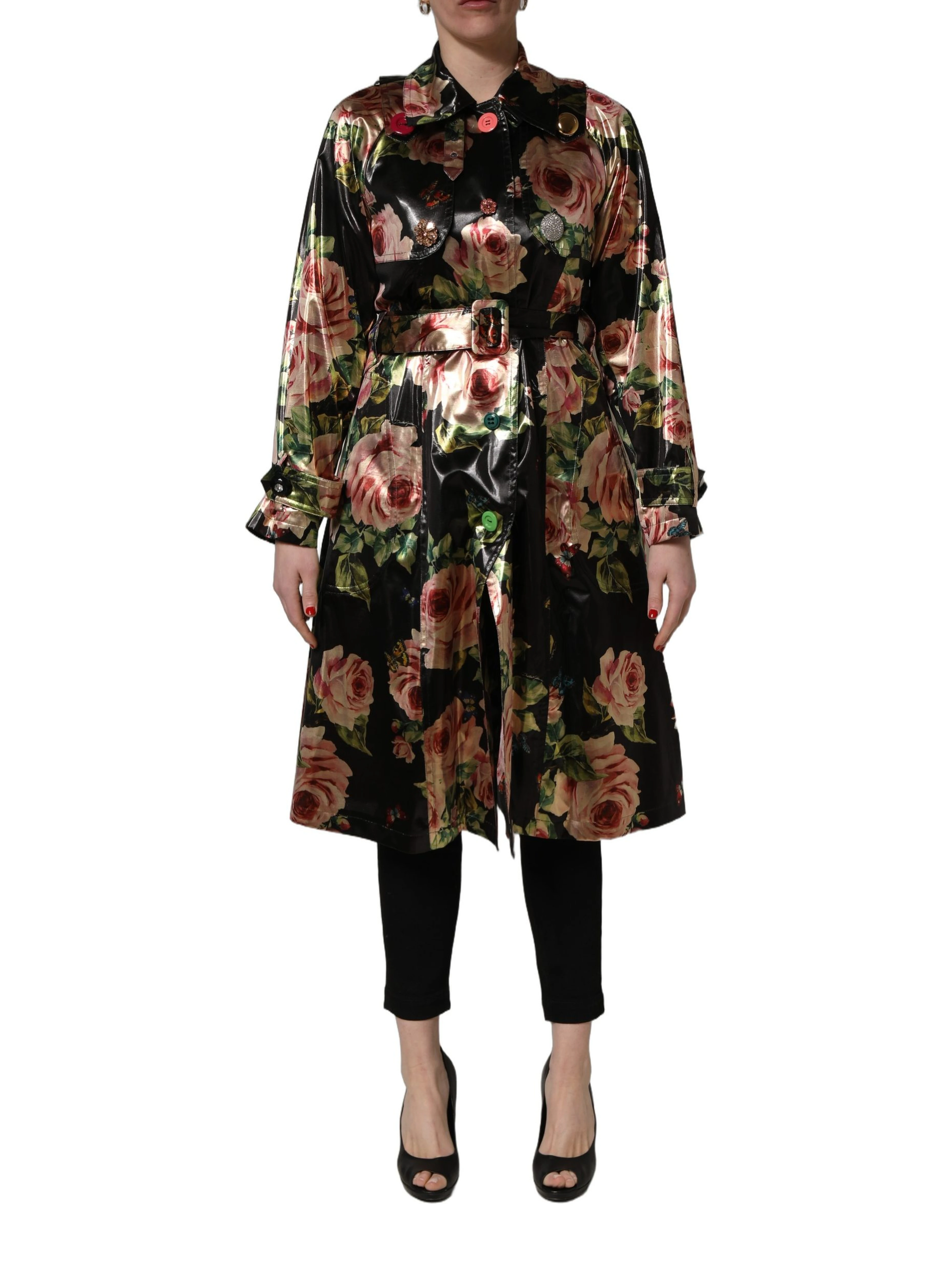 Black Floral Belted Polyester Trench Coat Jacket