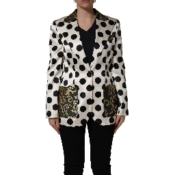 White Brocade Polka-Dot Print Blazer Jacket