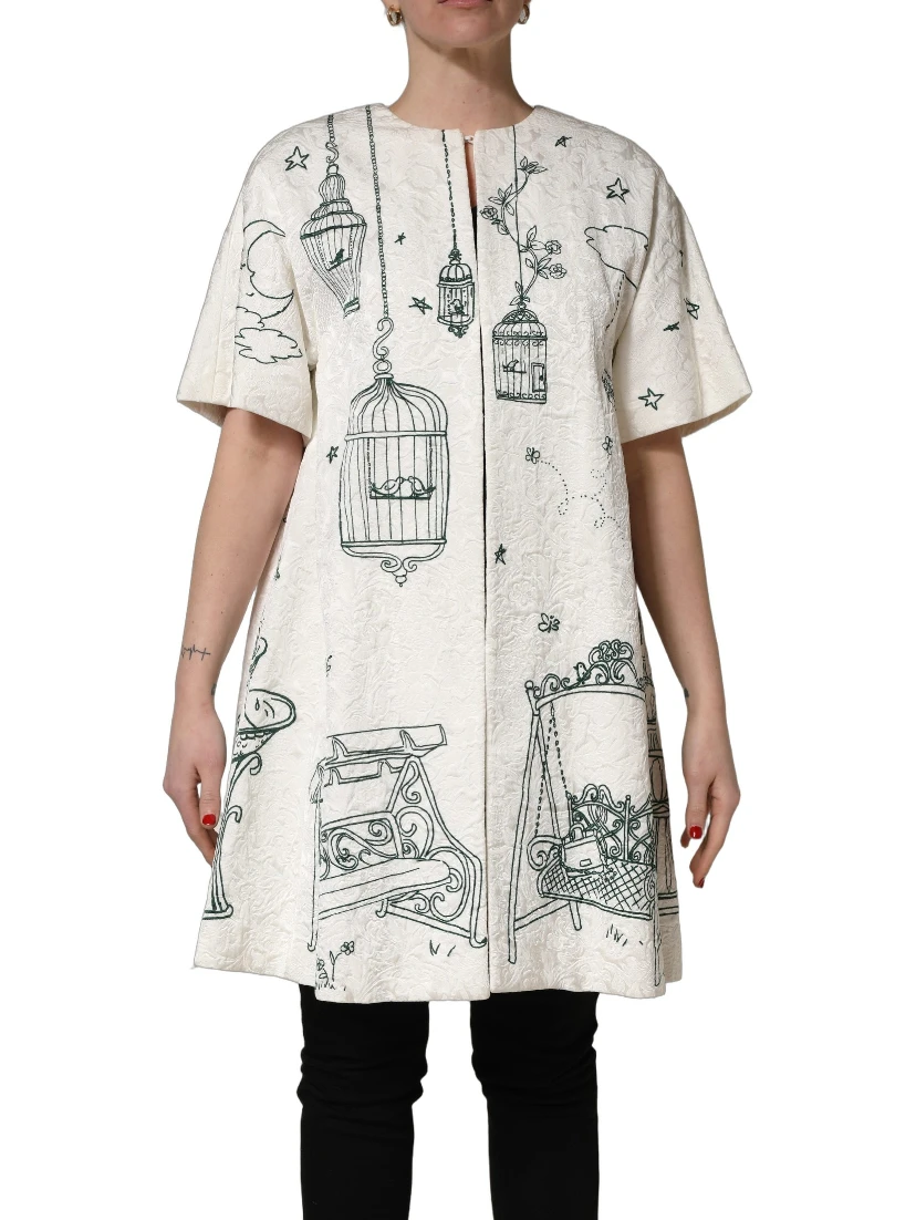 White Jacquard Garden Print Coat Jacket