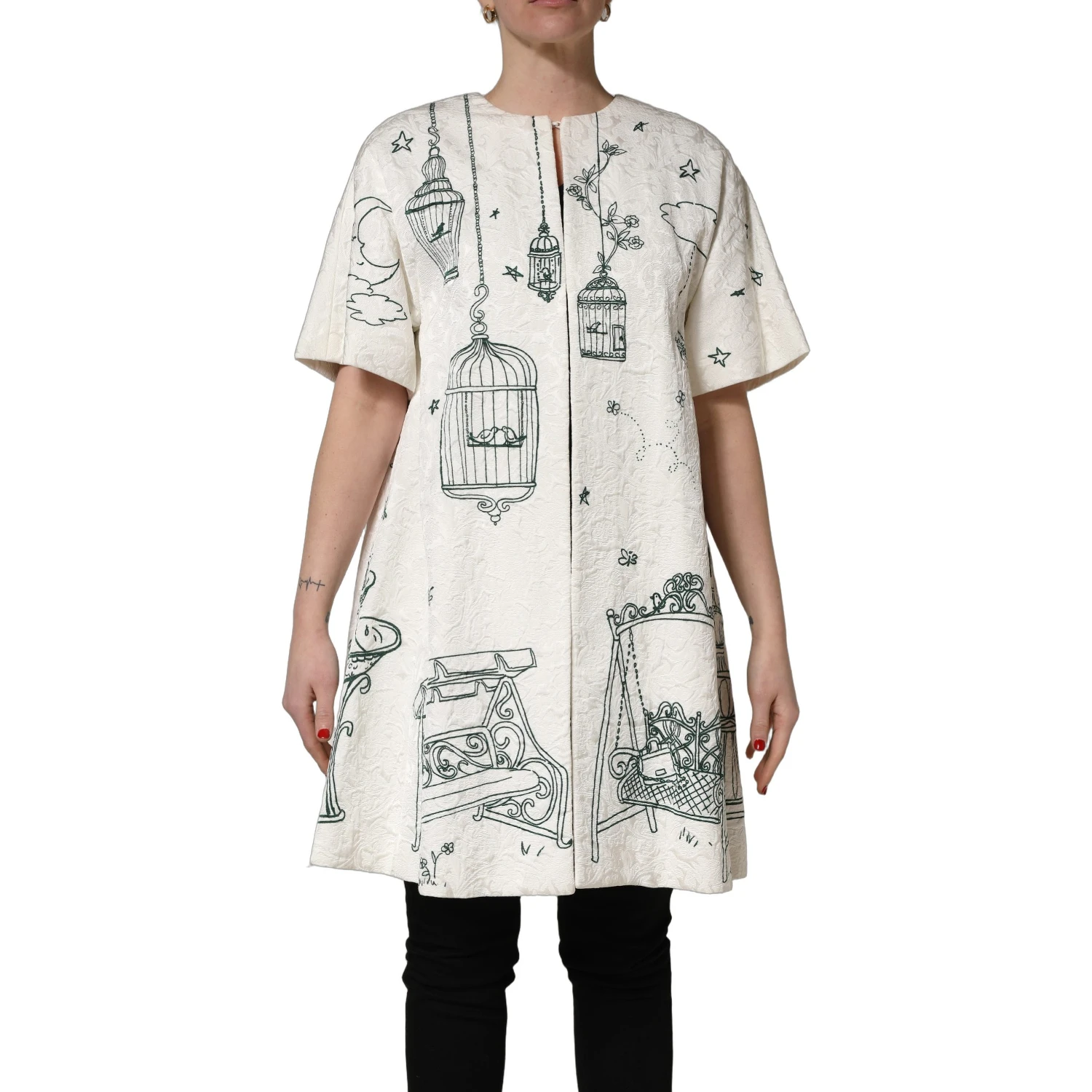 White Jacquard Garden Print Coat Jacket