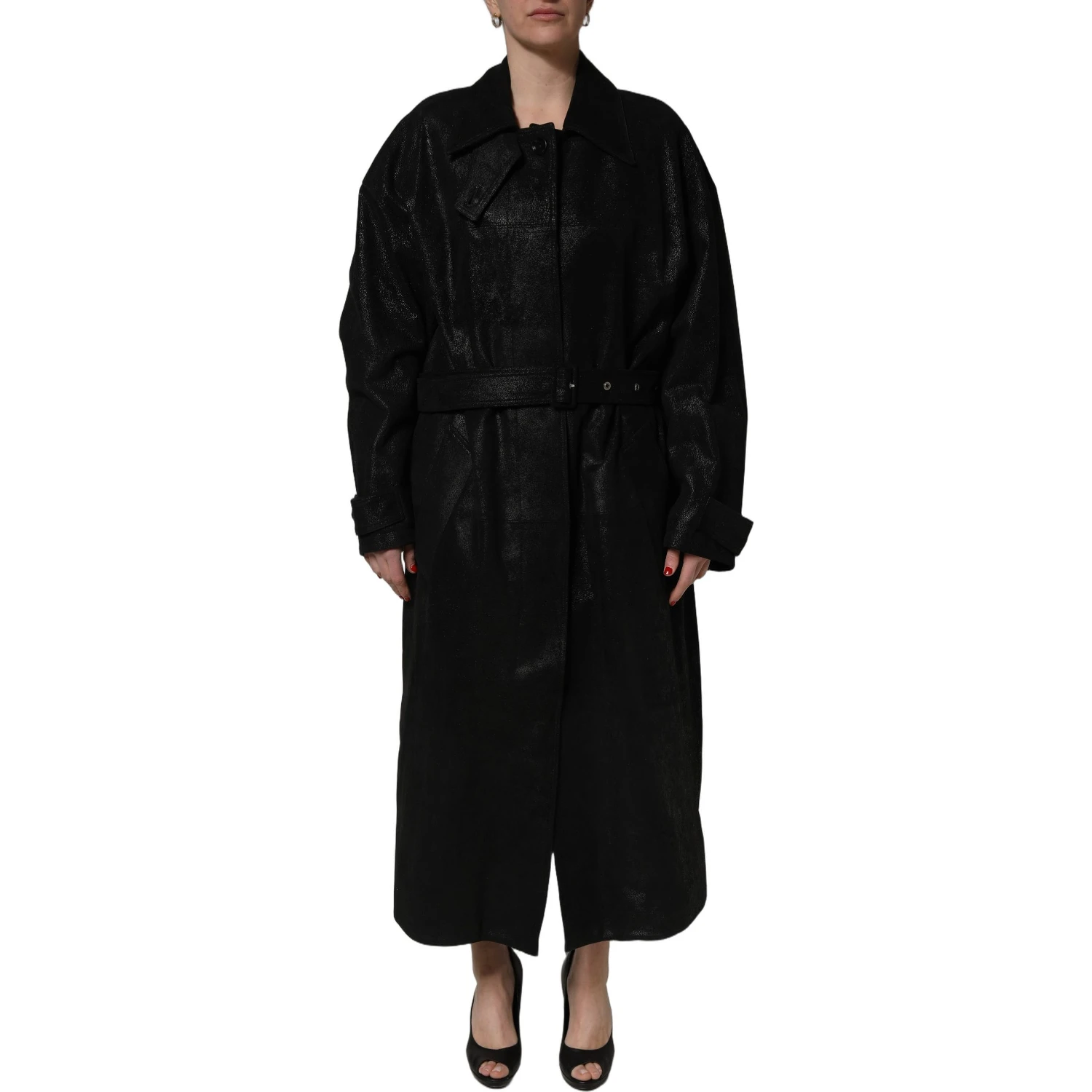 Black Belted Sheepskin Trench Coat Jacket